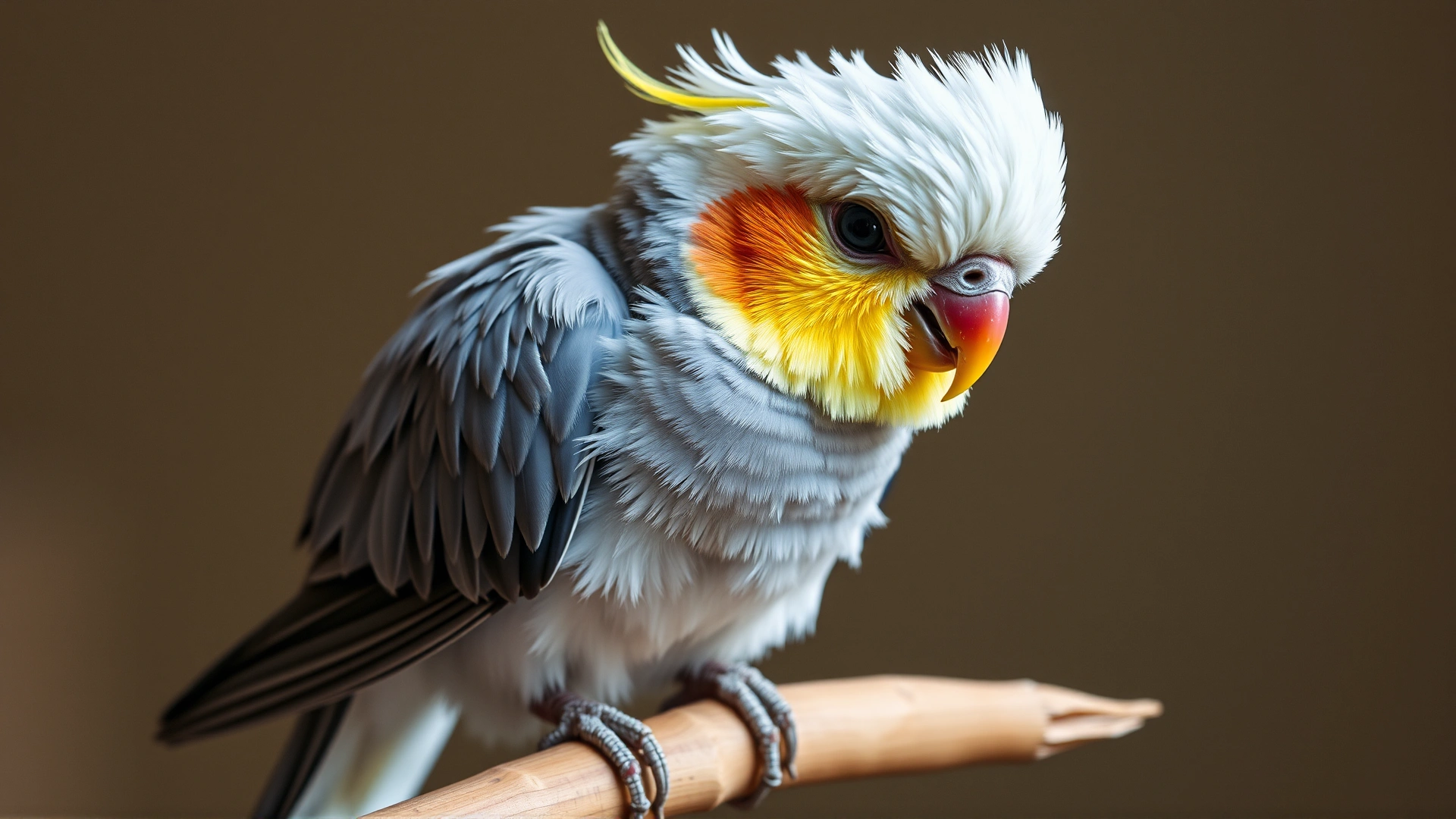 A visibly ill cockatiel perched on a wooden dowel, feathers fluffed, eyes half-closed, conveying signs of avian illness