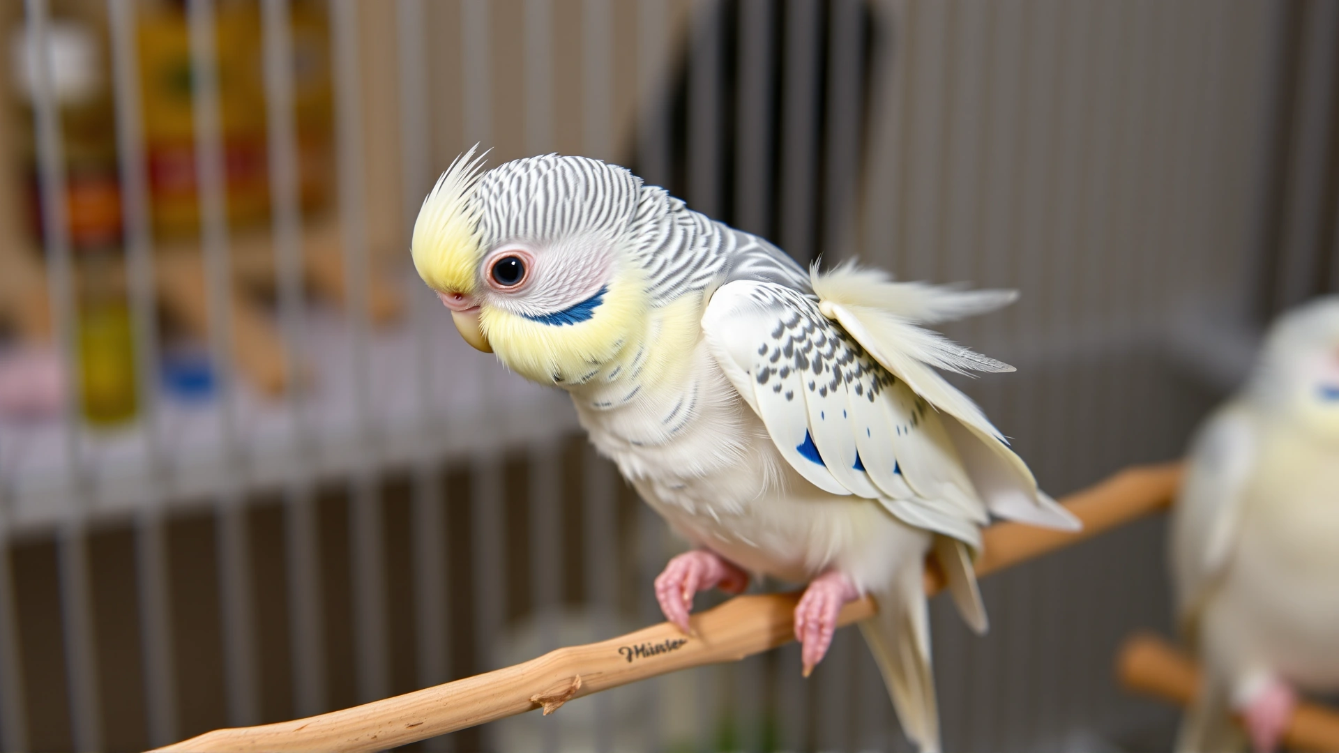 Young budgerigar with missing wing feathers (French molt) sitting on a perch inside a cage, looking weak. High resolution, indoor lighting.