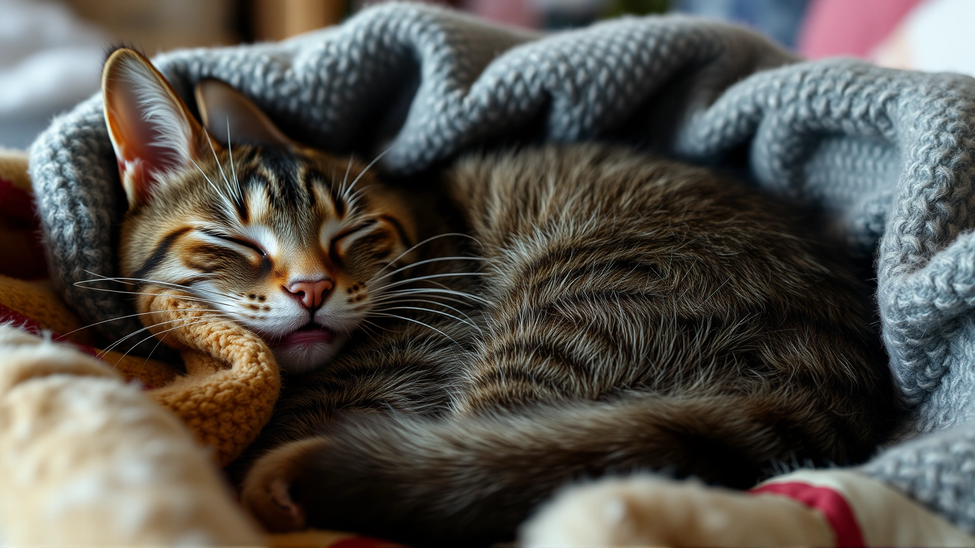 A slightly lethargic cat curled up in a blanket at home, looking unwell and sleepy