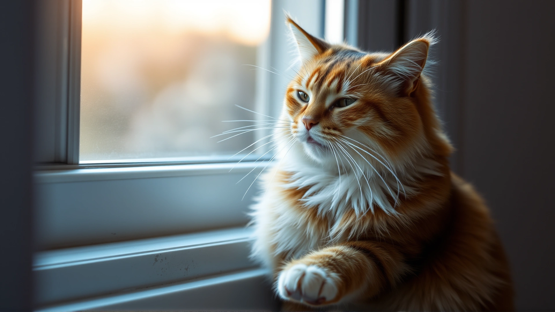 Medium shot of a cat sitting near a window while sneezing, motion blur on sneezing droplets, daylight entering from side