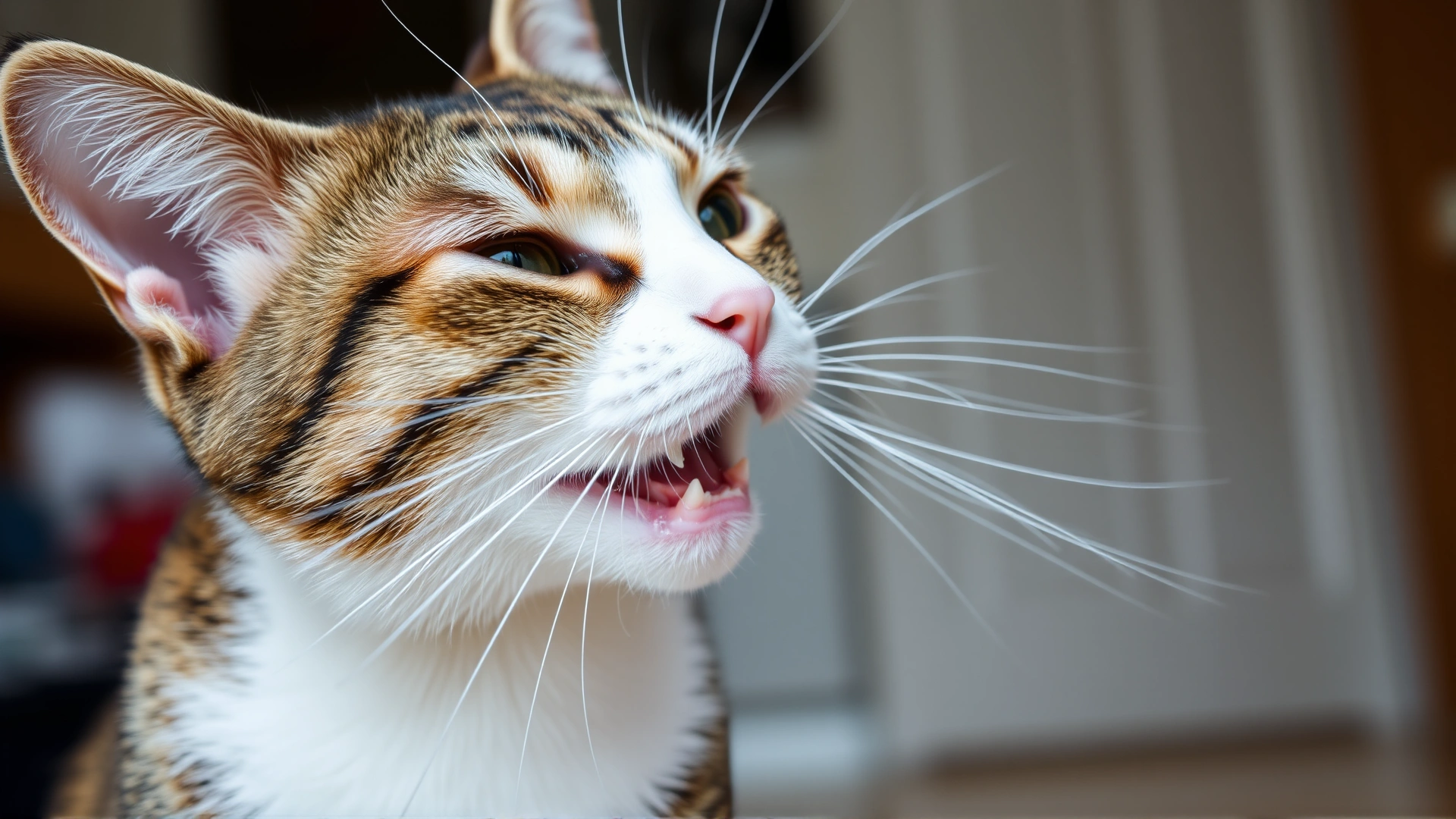 Domestic short-haired cat caught mid-sneeze with visible nasal discharge, indoor setting, illustrating respiratory symptoms.