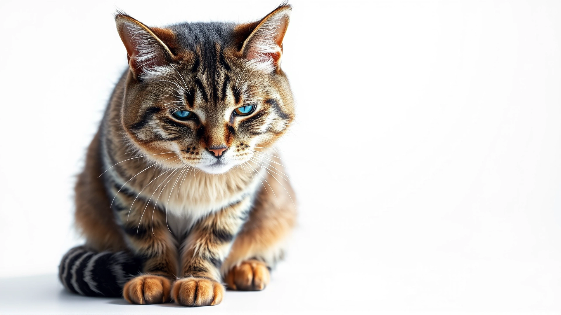 Domestic short-hair cat with dull coat and hunched posture looking lethargic, isolated on white background, studio lighting