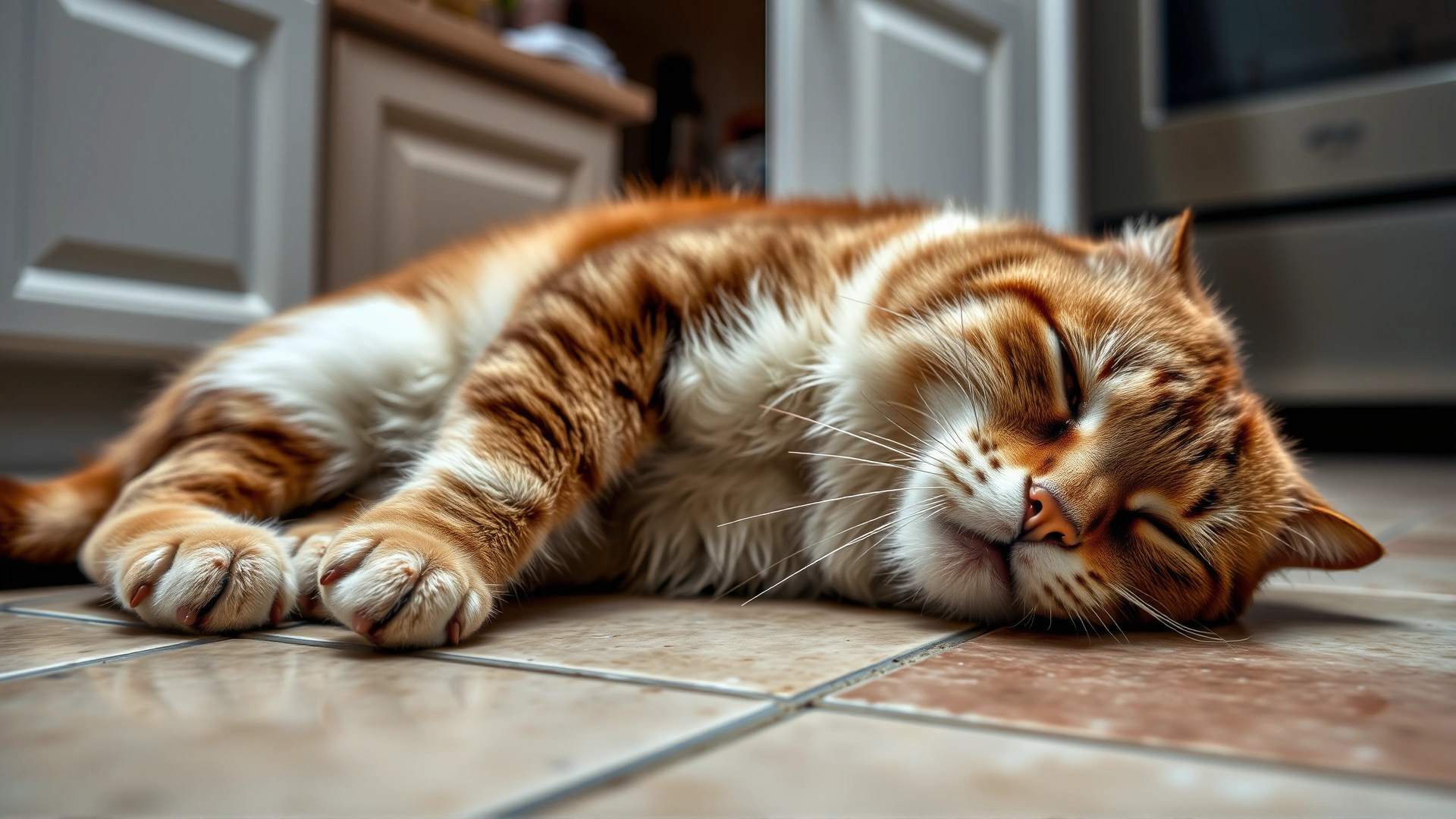 Lethargic cat drooling slightly while lying on a tiled kitchen floor, visualizing early symptoms of toxicity.
