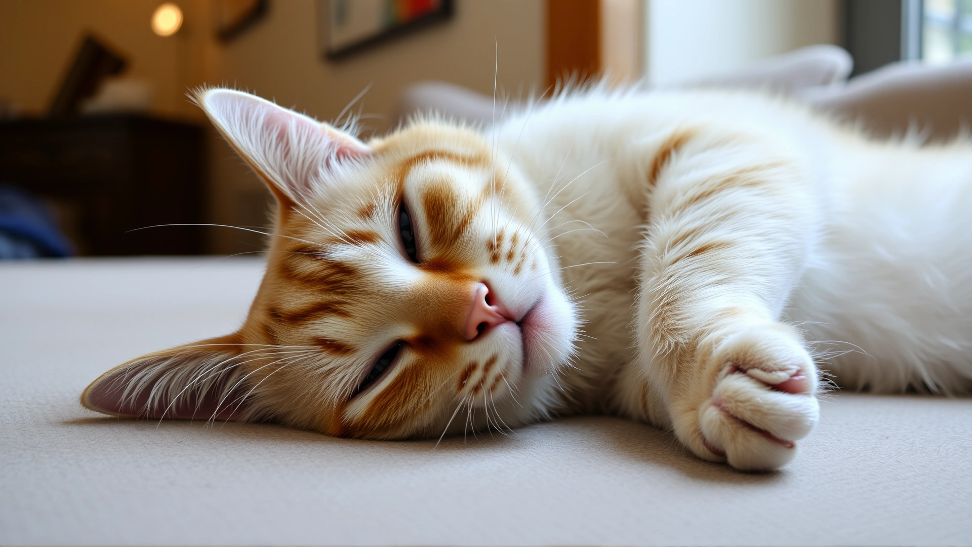 Domestic cat lying on its side looking lethargic on a sofa, eyes half-open, indoor lighting.