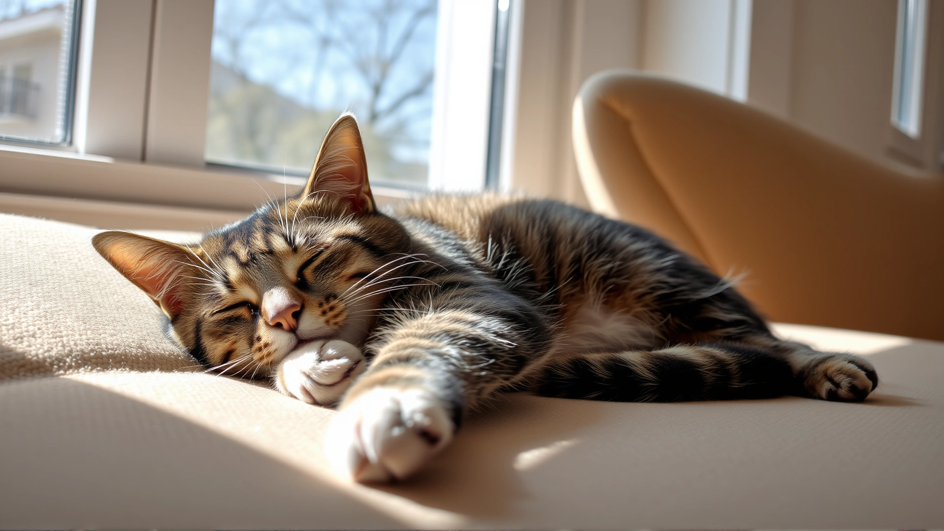 Domestic short-haired cat looking lethargic and slightly dehydrated while lying on a sofa near a window, natural daylight