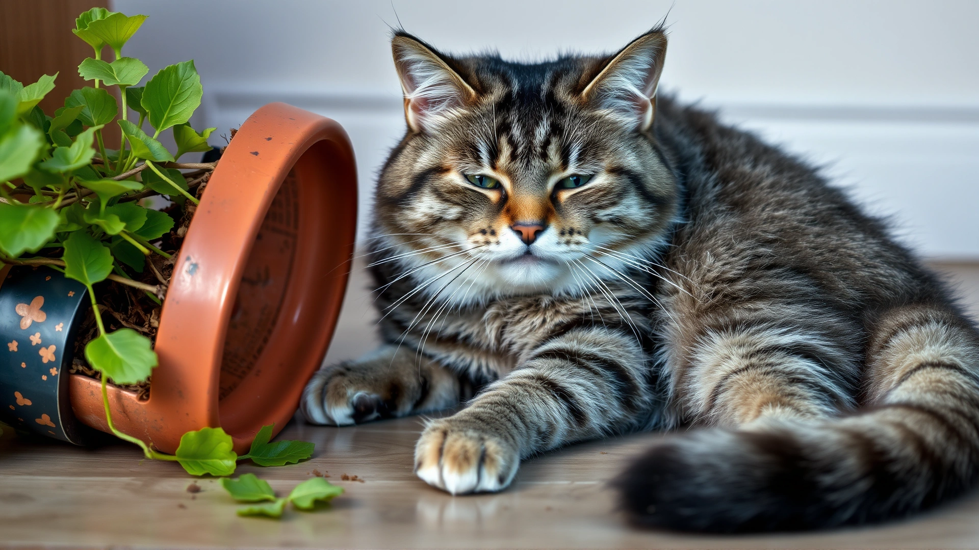 Grey tabby cat lying down looking nauseous beside a knocked-over plant pot, conveying symptoms of ingestion