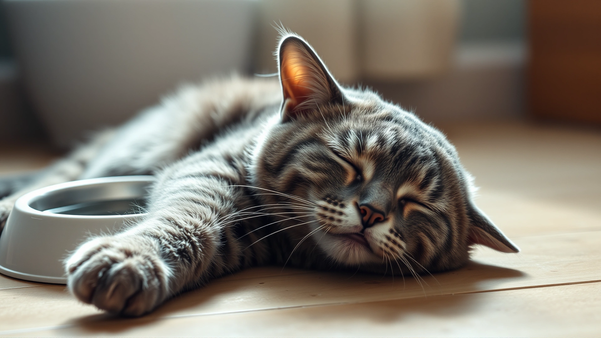 Indoor shot of a lethargic grey cat lying on its side next to a water bowl, looking visibly ill and tired.