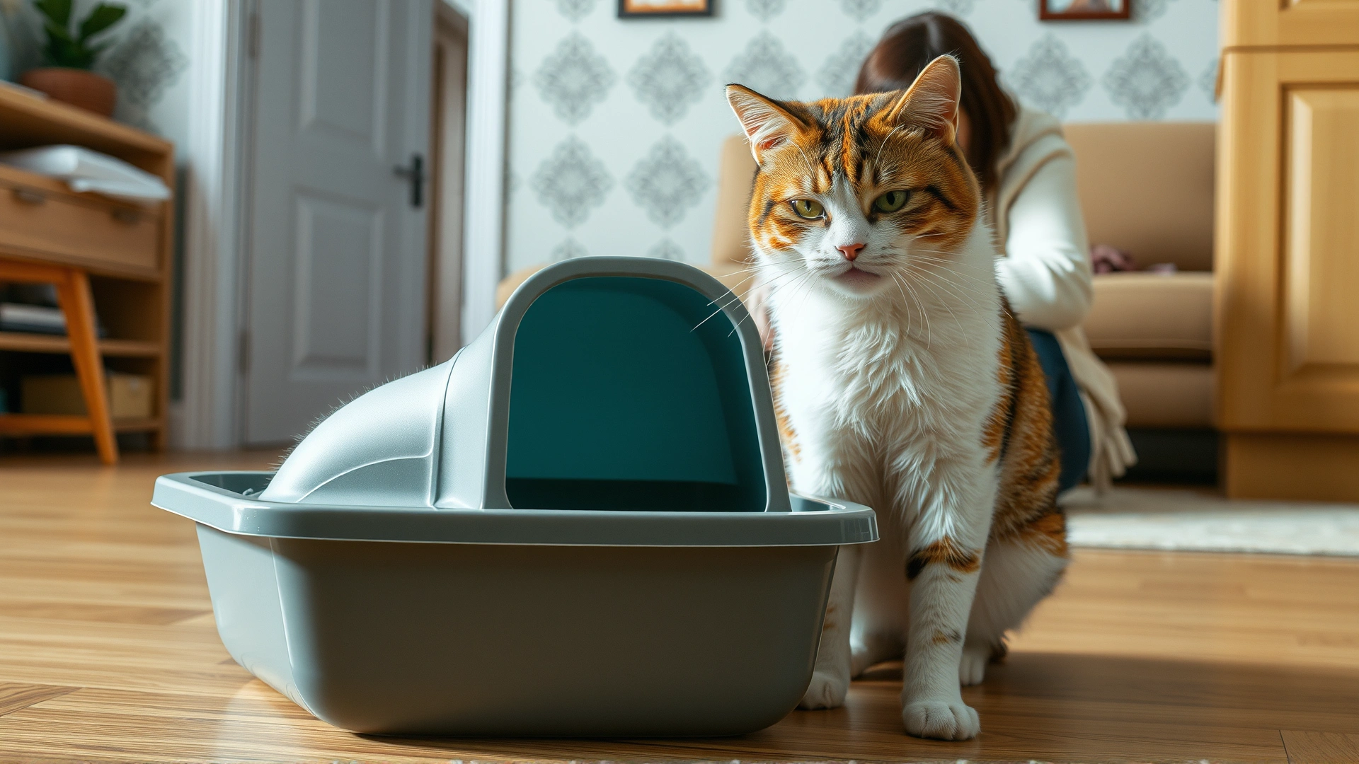 Indoor scene of a cat vomiting near a litter box while the owner watches with concern