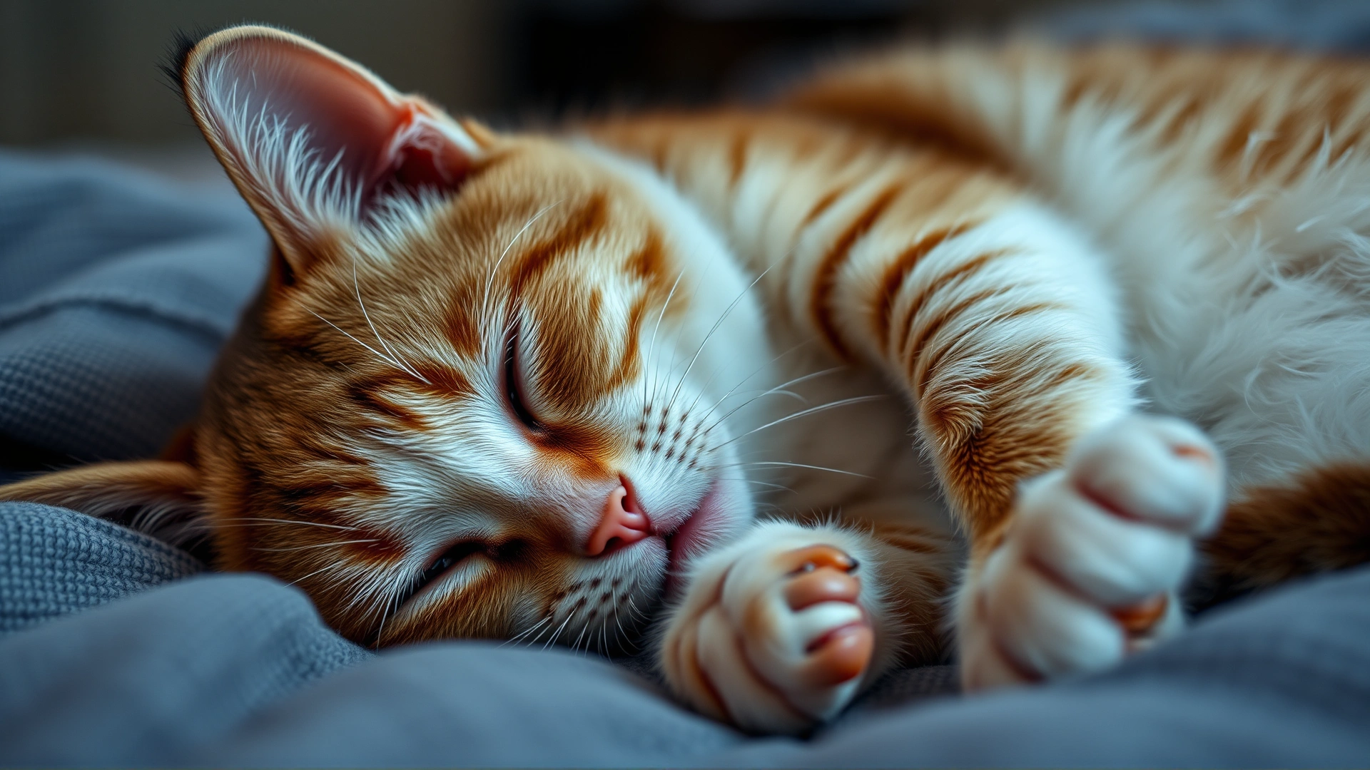 A lethargic cat lying on its side on a blanket, half-closed eyes, looking unwell, soft lighting, no text.