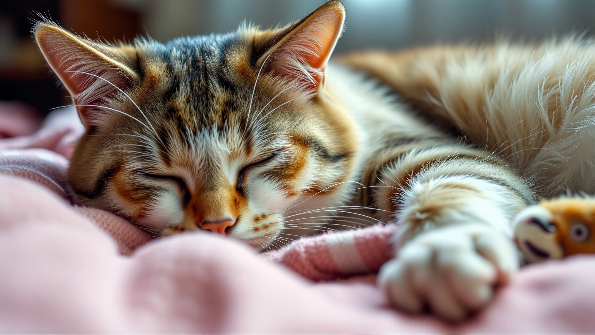 A tired looking domestic short-haired cat lying on a blanket with half-closed eyes, soft indoor lighting, conveys lethargy