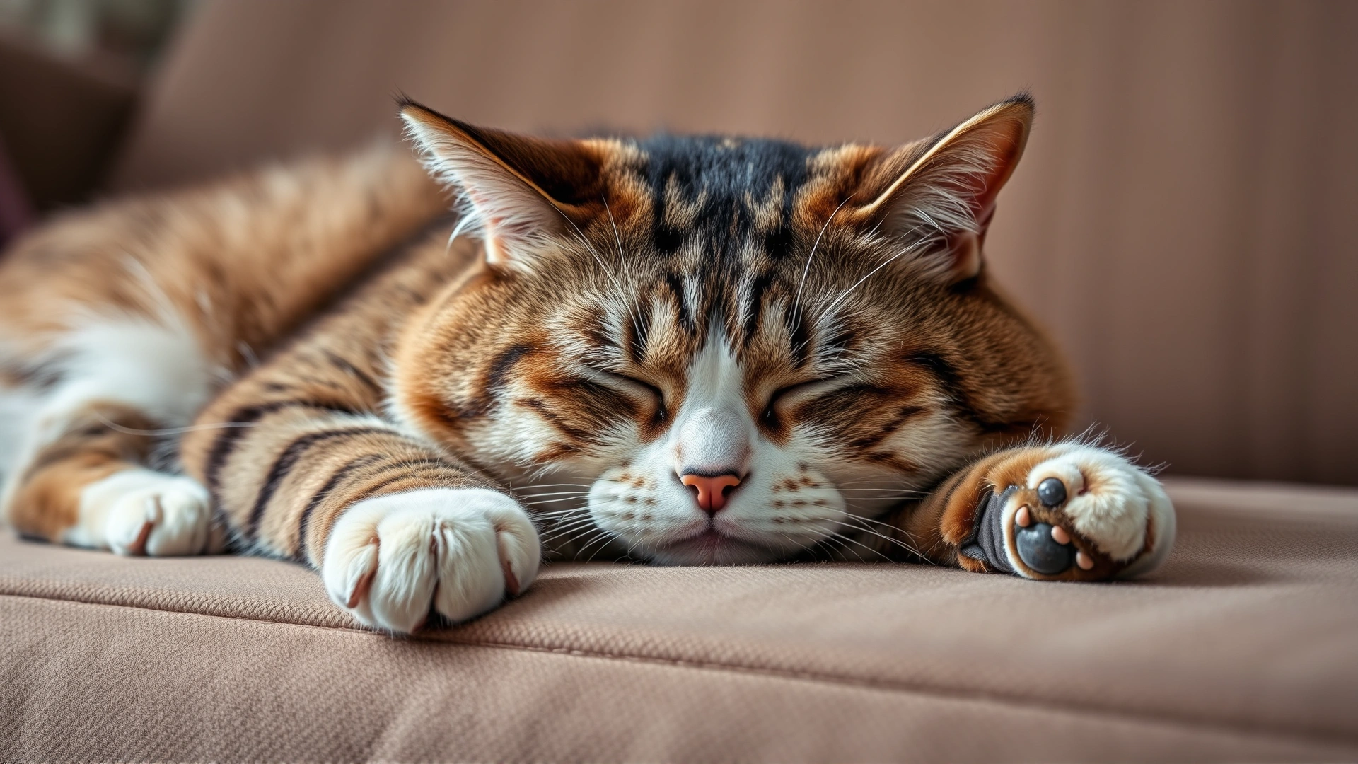 An overweight domestic shorthair cat lying lethargically on a couch, eyes half-closed, illustrating fatigue and lack of energy