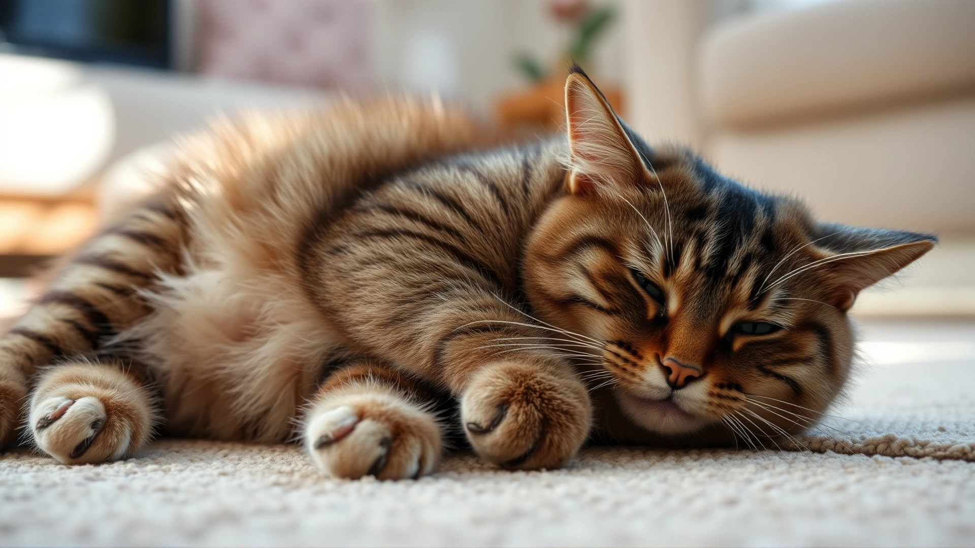 Domestic shorthair cat lying lethargically on a living room floor with slightly bloated abdomen, soft daylight, no text