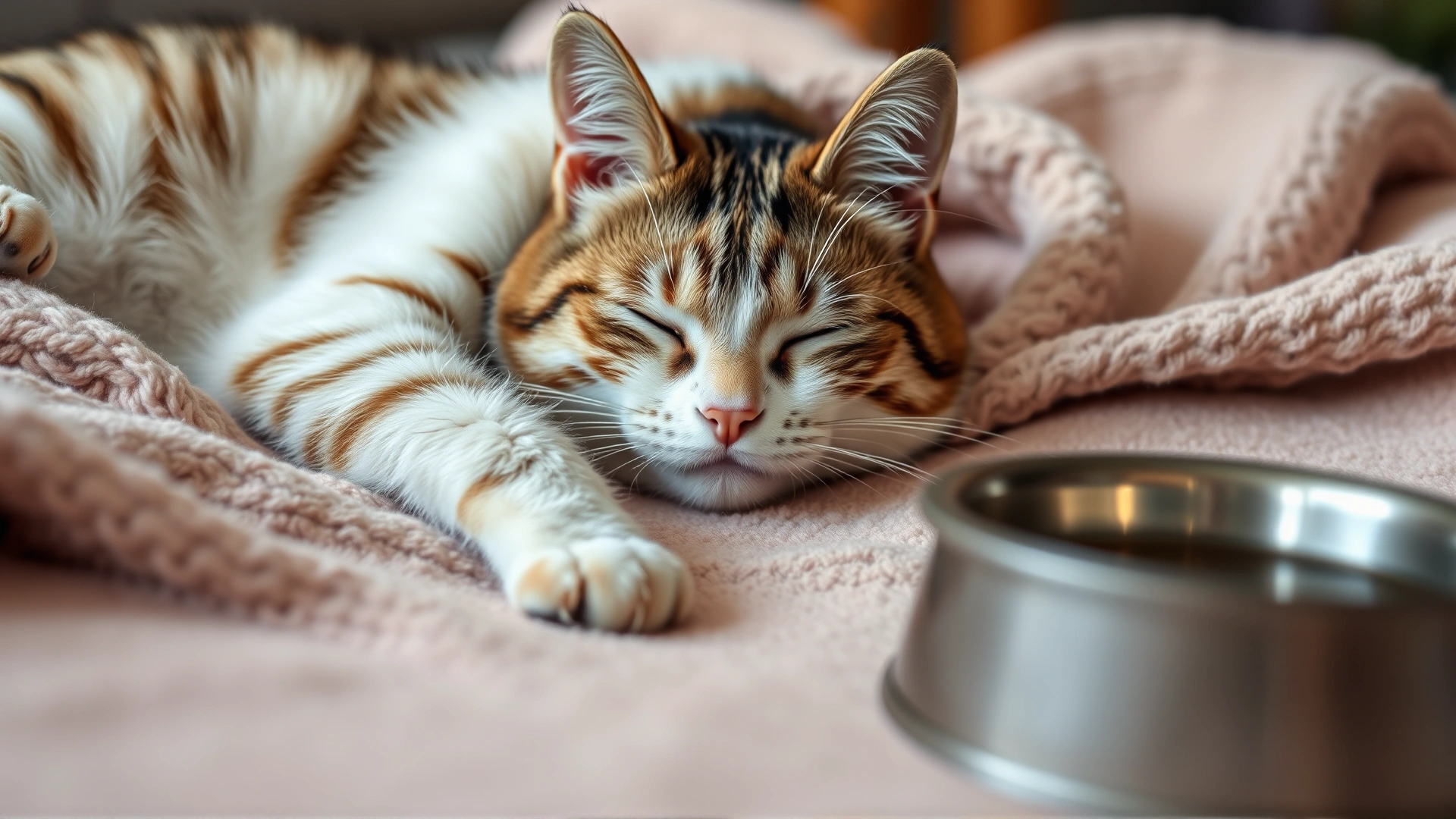 A tired domestic cat lying on a cozy blanket at home, half-closed eyes and water bowl nearby – portrays recovery period