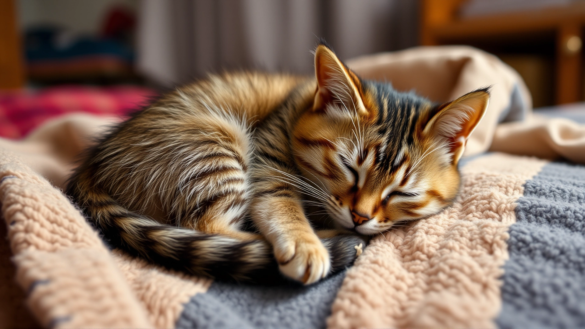 Young cat curled up on a cozy blanket at home looking lethargic, warm indoor lighting, high resolution, no text