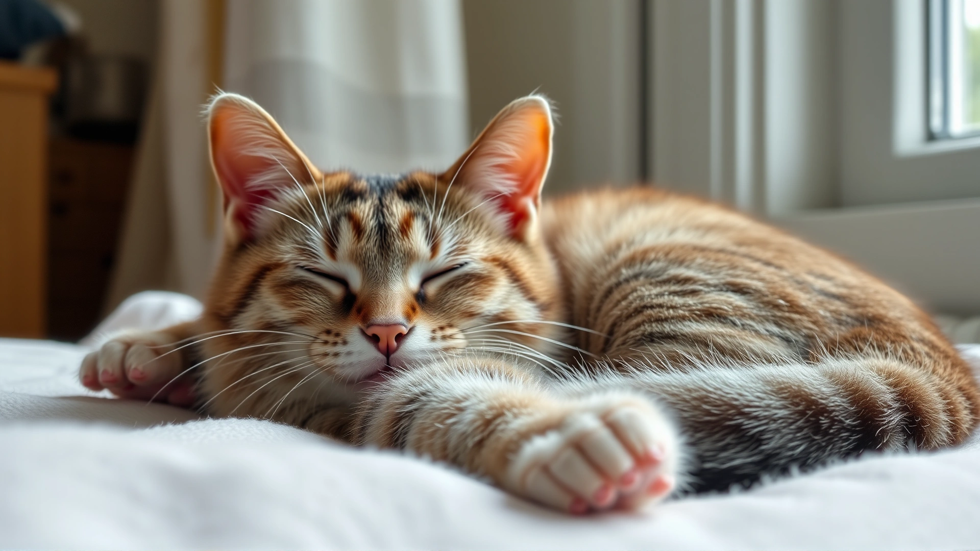 Indoor portrait of a lethargic cat lying on a blanket with visibly pale gums, soft window light