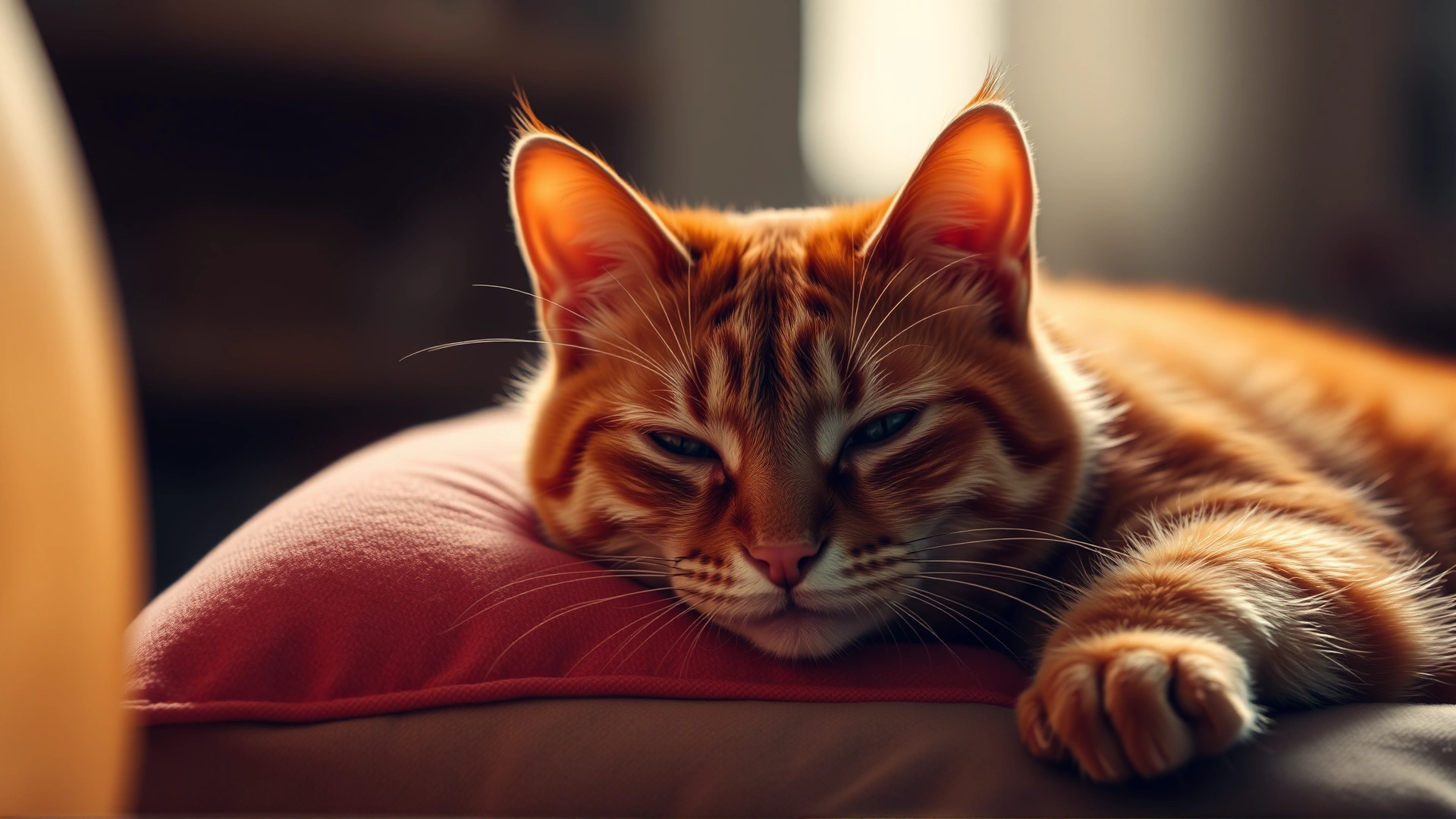 Orange domestic shorthair cat lying on a pillow looking lethargic, soft indoor lighting