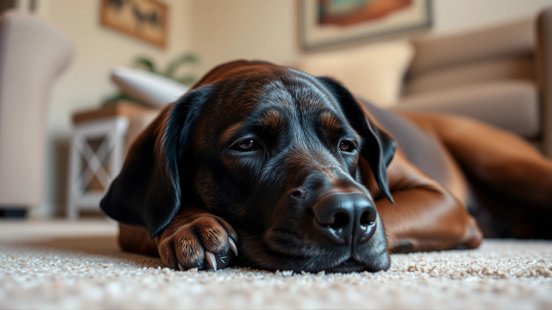 Labrador retriever lying on the living-room floor looking lethargic and nauseous, soft warm indoor lighting.