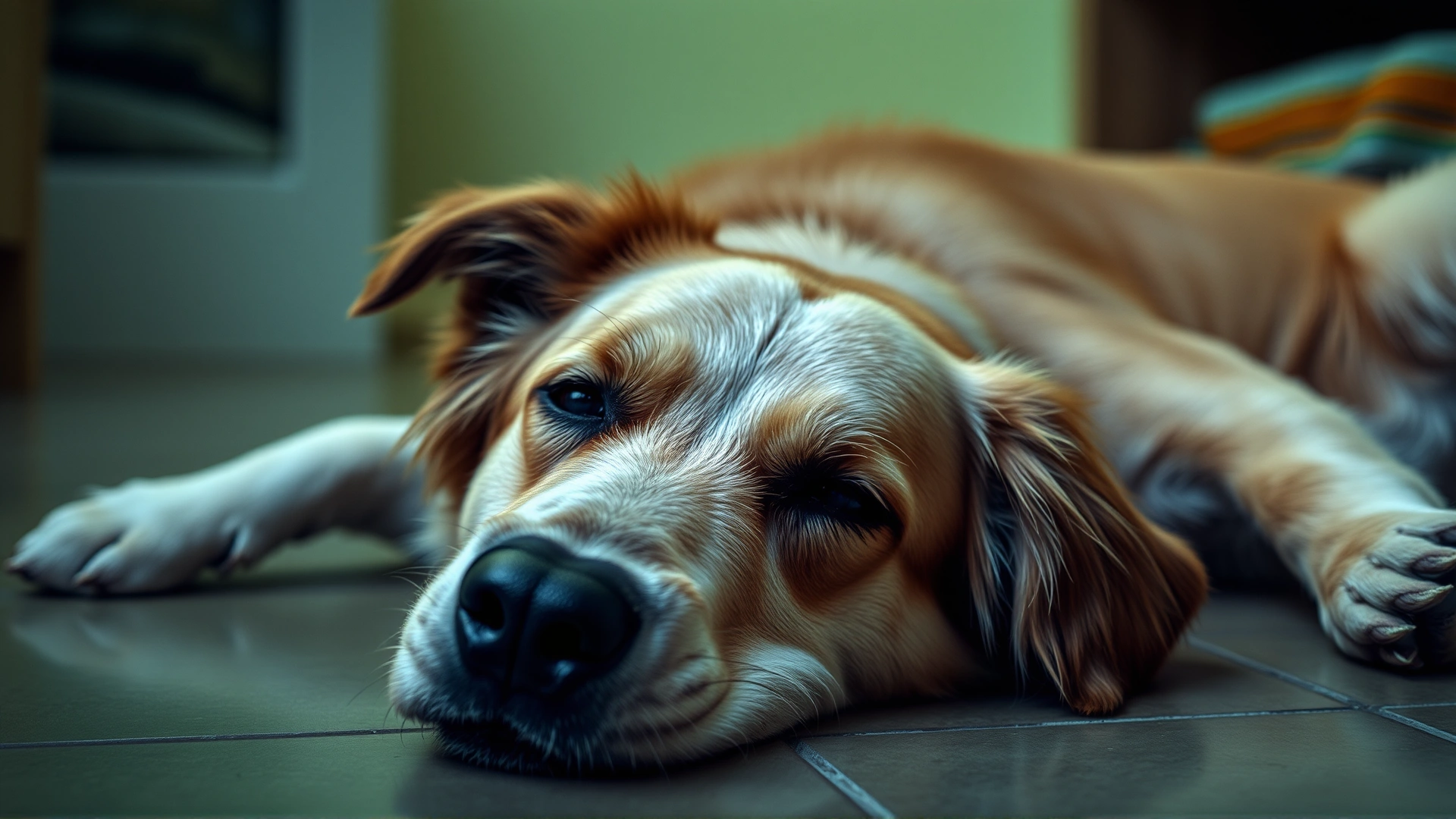 Medium-sized dog lying on the floor looking lethargic, subtle greenish indoor lighting to suggest illness.