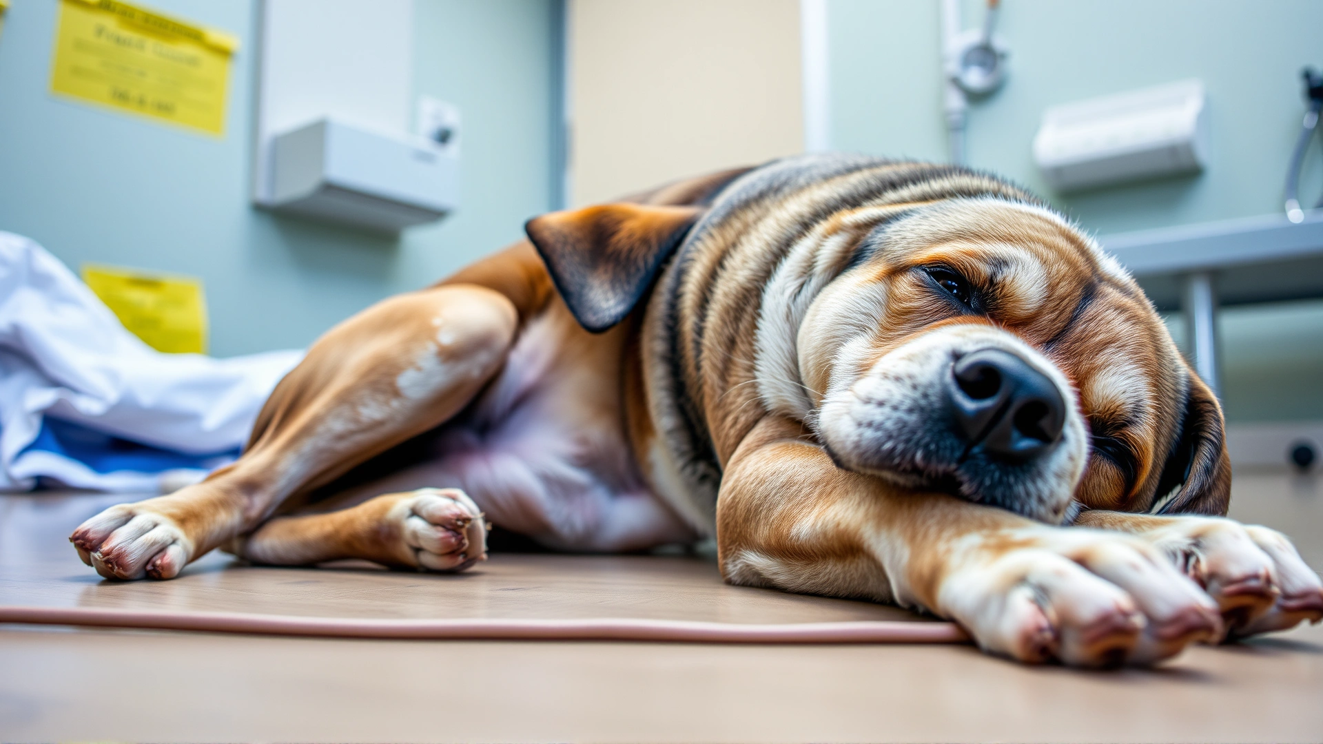Medium-sized mixed-breed dog lying on its side with a slightly distended belly, looking lethargic, indoor veterinary clinic setting.