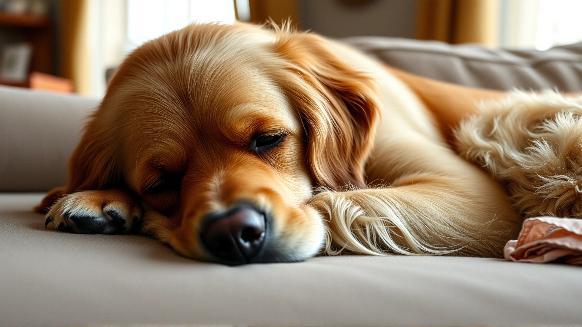 A golden retriever lying lethargically on a couch, looking unwell, soft indoor lighting