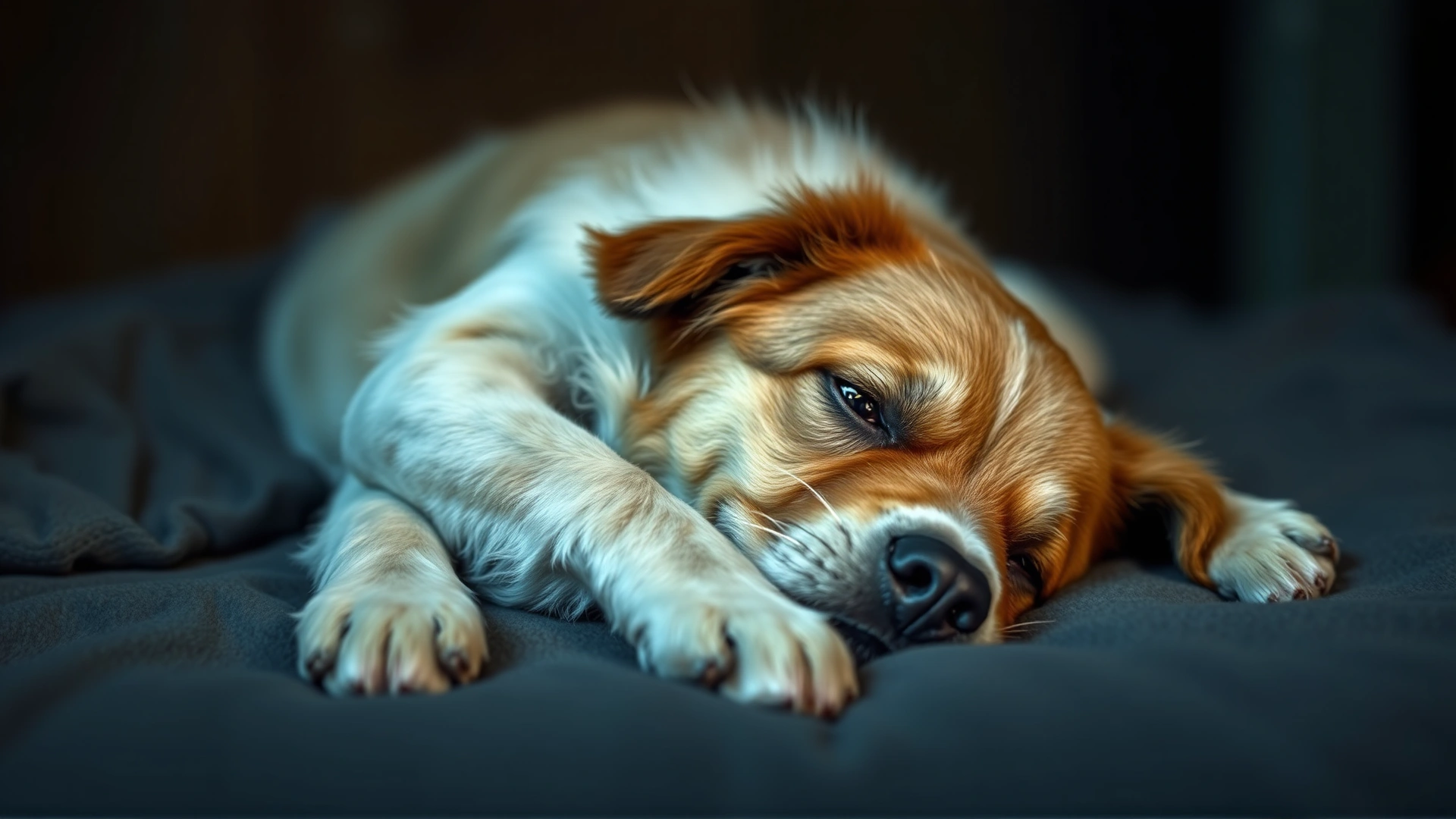 Lethargic dog lying on its side on a blanket, looking unwell, soft lighting