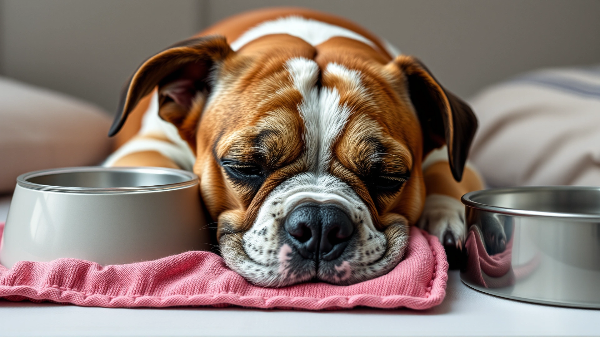 A tired-looking dog resting on a pillow with a water bowl nearby, subtle indication of illness without alarming