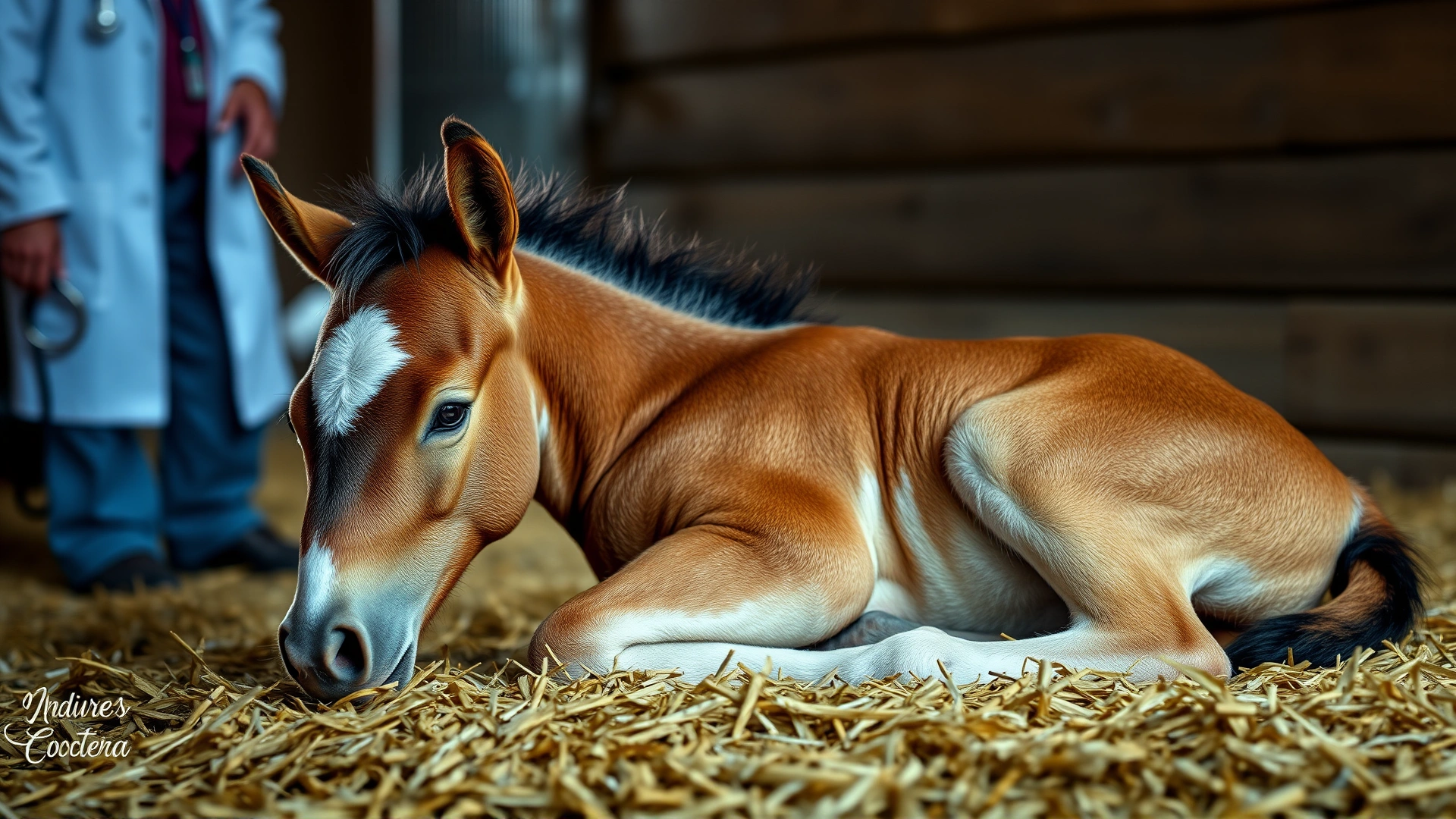 Young Arabian foal lying weakly on straw bedding in a stable, with a concerned look, subtle veterinarian presence blurred in the background.