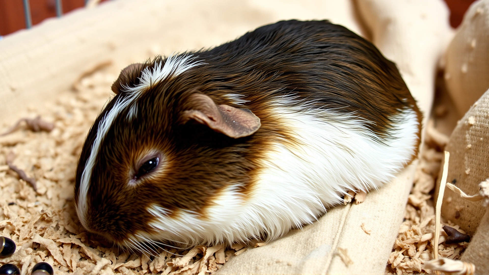 A weak-looking guinea pig lying on its side on bedding, eyes half-closed, showing signs of illness.