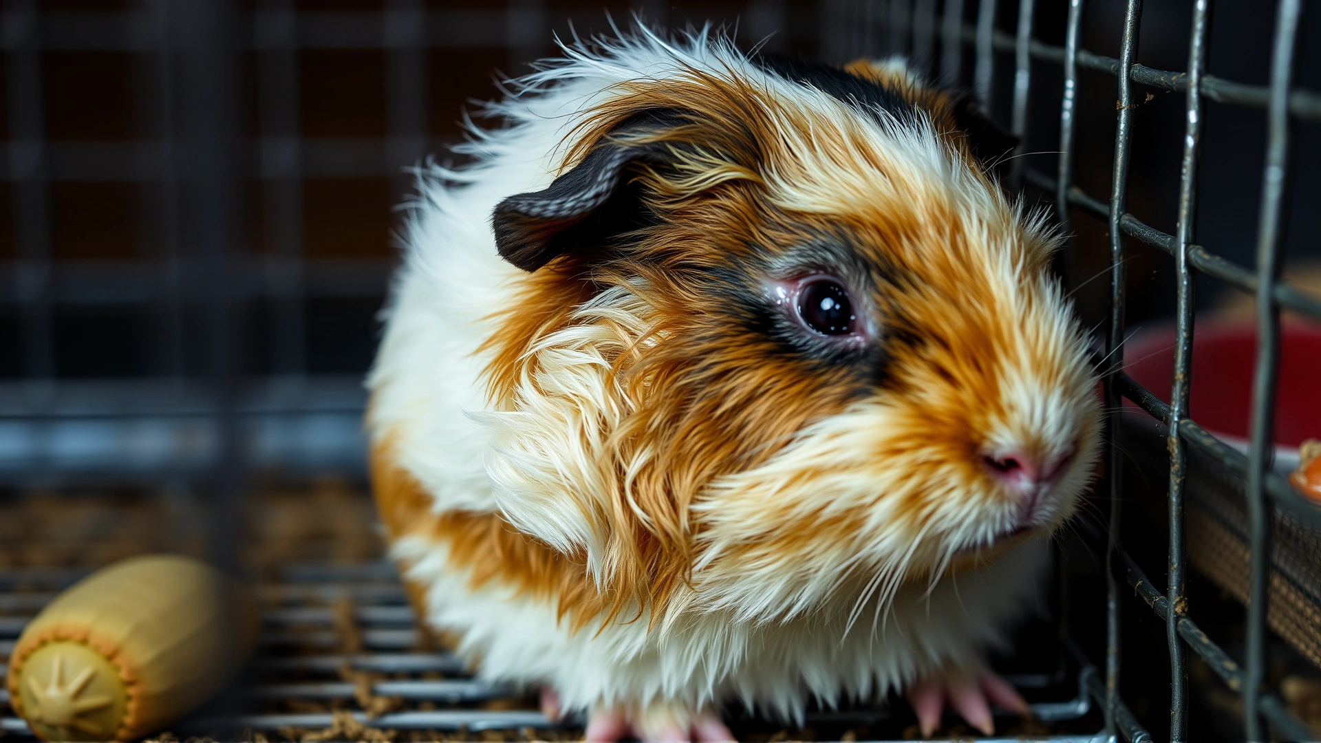 Guinea pig with dull fur and hunched posture sitting in a cage corner, soft focus to emphasize sadness and illness