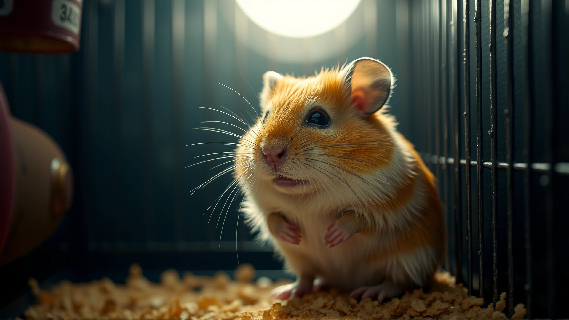 Hamster looking lethargic with puffed-up fur, sitting in one corner of the cage under dim lighting