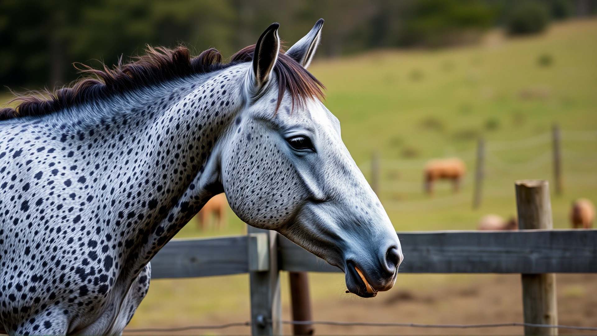 A lethargic dapple gray horse standing in a pasture with its head lowered and slight drooling from the mouth