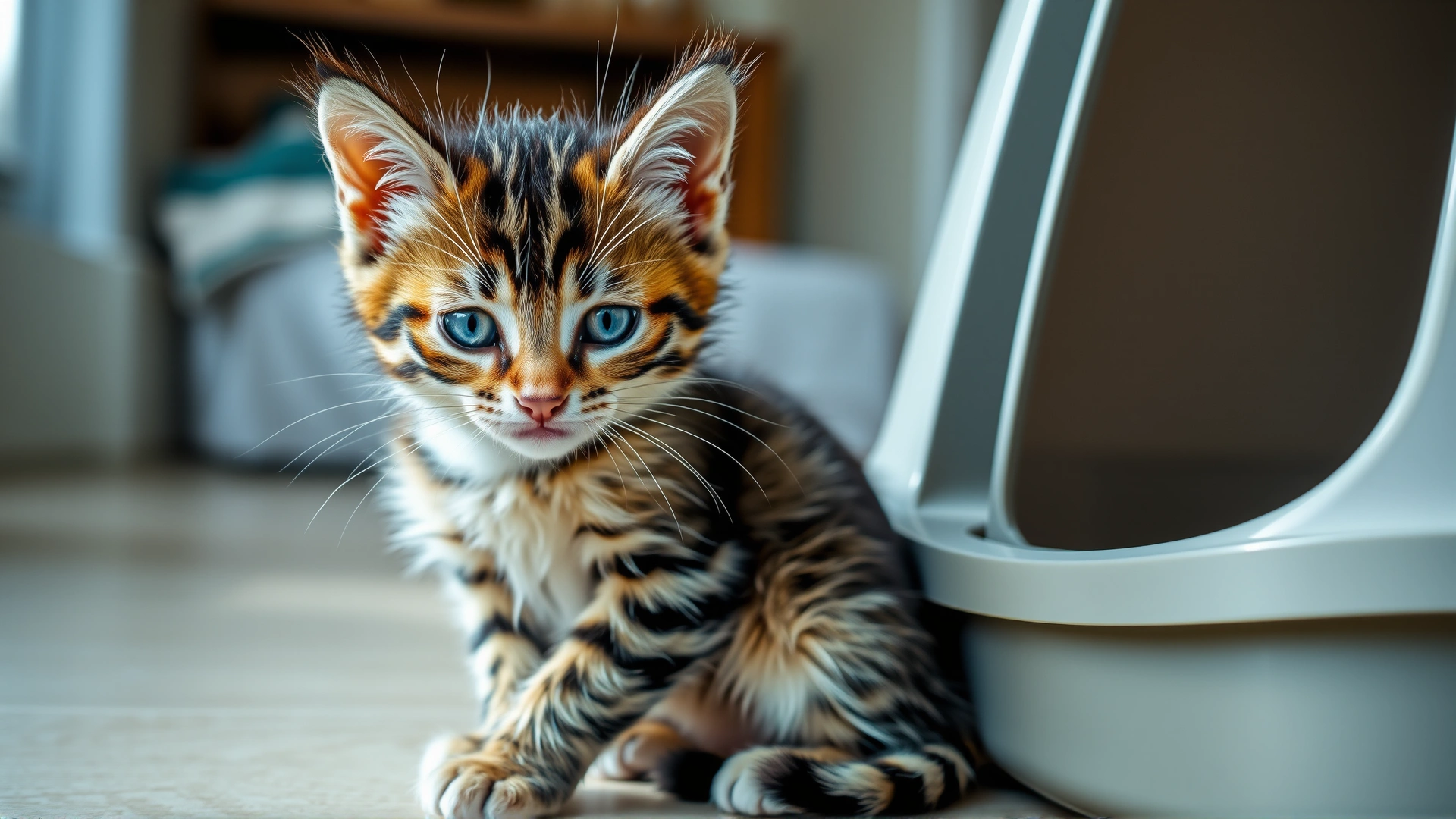 Medium shot of a small tabby kitten sitting next to a litter box, looking lethargic with slightly messy fur, indoor home environment, soft natural light.