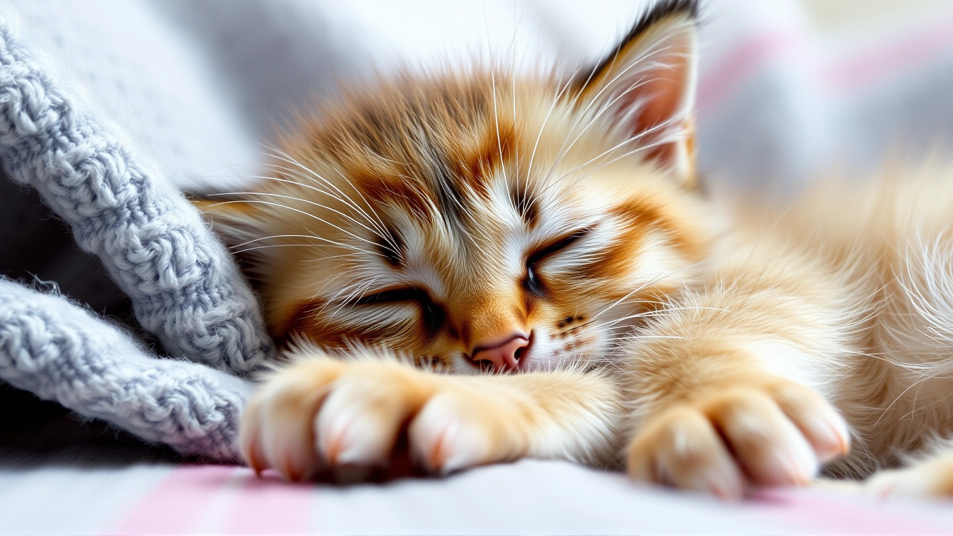Close-up of a lethargic kitten resting on a blanket, looking unwell