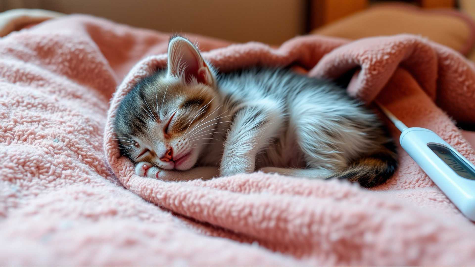 Small kitten lying lethargically wrapped in a warm blanket with a digital thermometer nearby; soft indoor lighting; high-resolution photo, no text