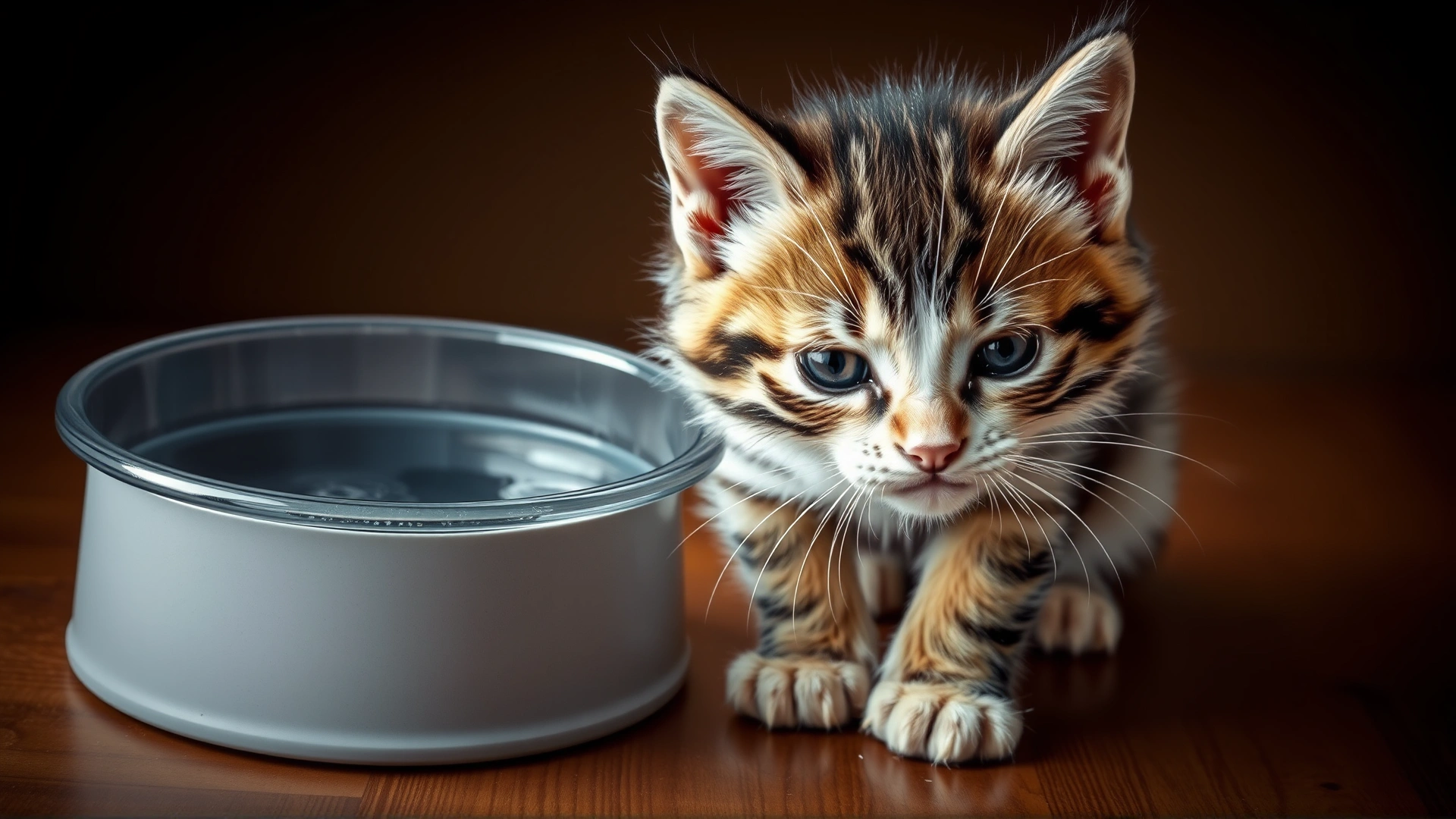 Young kitten looking lethargic beside a water bowl, depicting excessive thirst symptom.