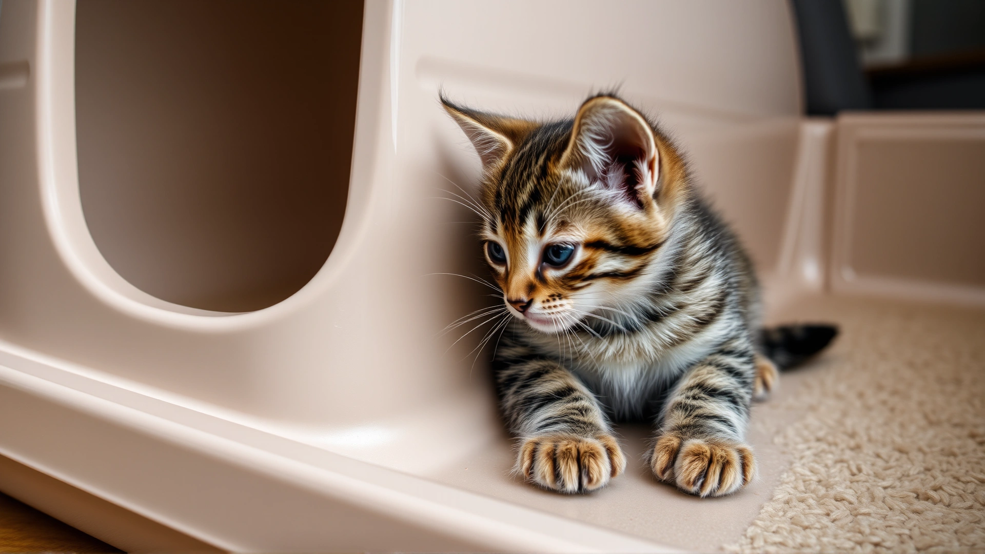 Photo of a small tabby kitten looking lethargic next to a clean litter box, indoor soft lighting