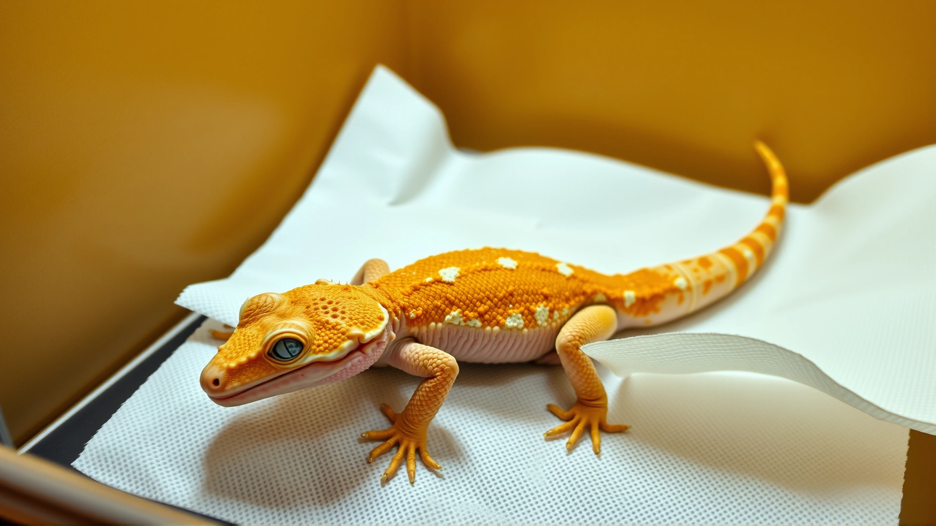 A lethargic gecko lying on a paper towel inside a quarantine box, illustrating illness in reptiles.