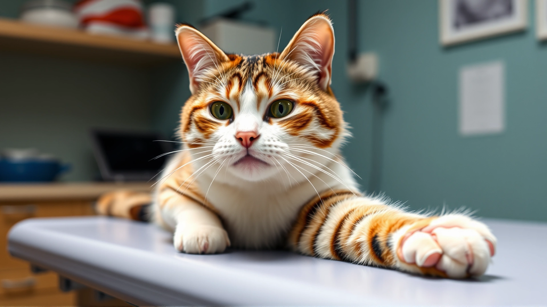 An adult cat in a sloppy loaf position with one paw extended, looking uncomfortable on a vet examination table