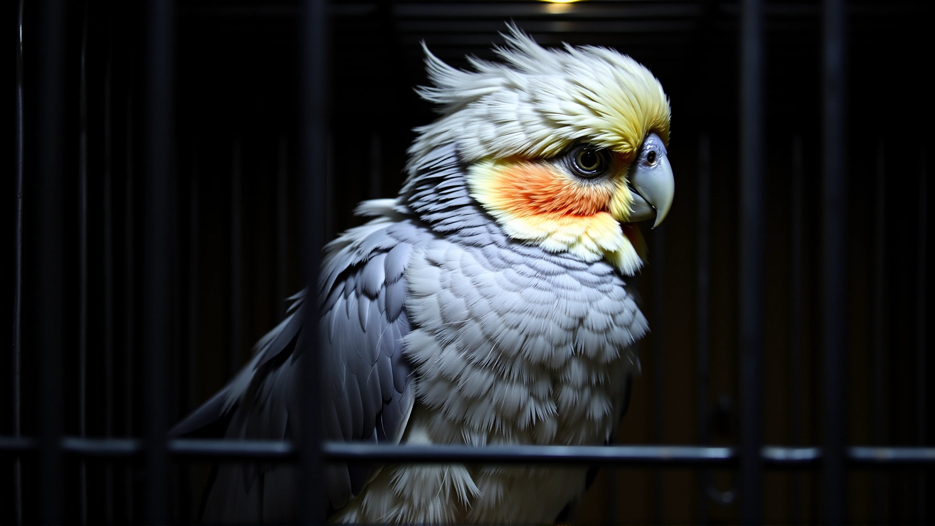 Image of a droopy, fluffed-up cockatiel sitting at the bottom of a cage under dim lighting, visually representing illness.