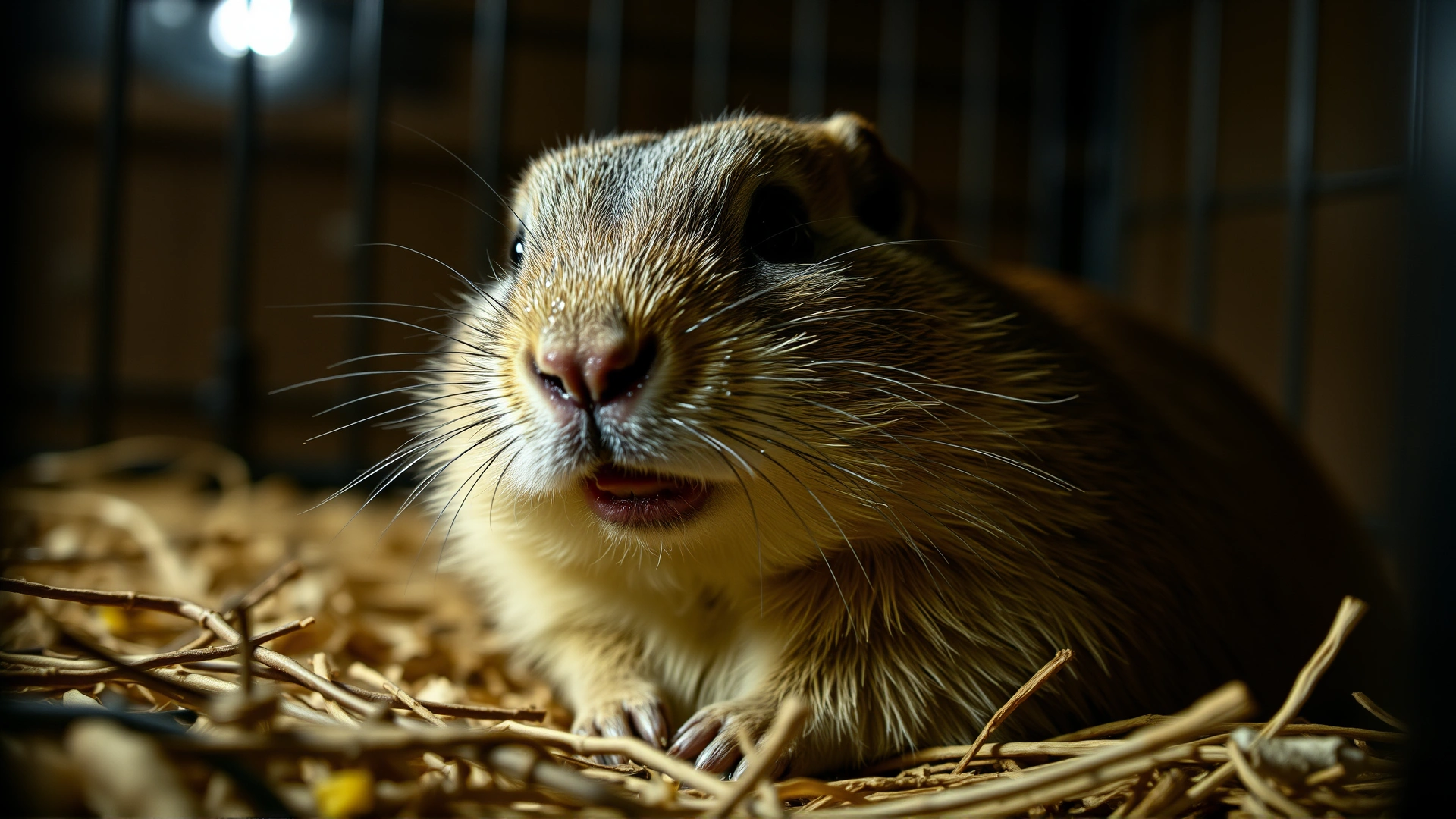 Close-up image of a lethargic prairie dog with watery eyes and slightly open mouth, sitting on bedding inside a cage, dim indoor lighting