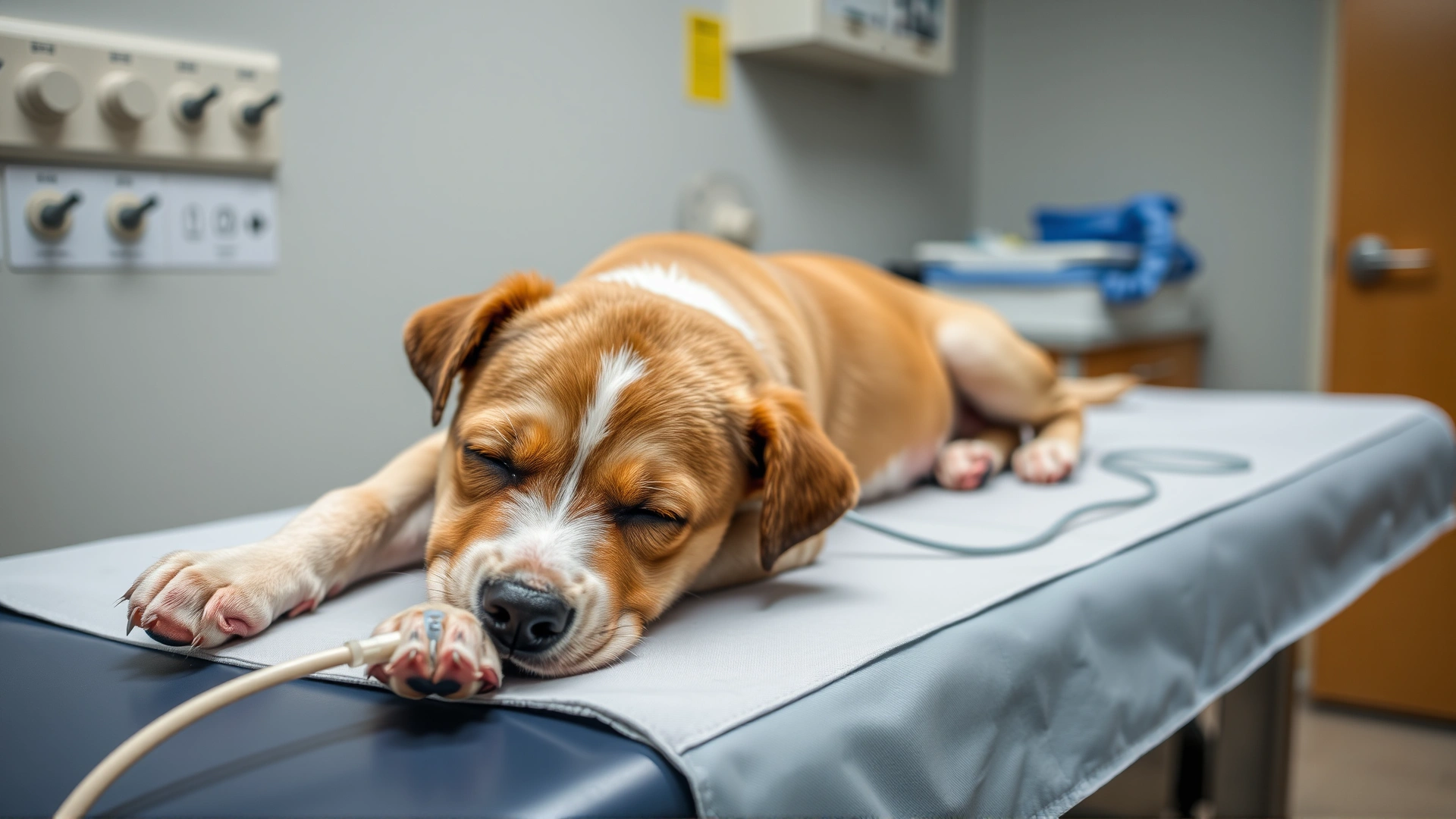 Young puppy lying on a veterinary exam table looking lethargic, with IV catheter in paw; clean clinical setting.