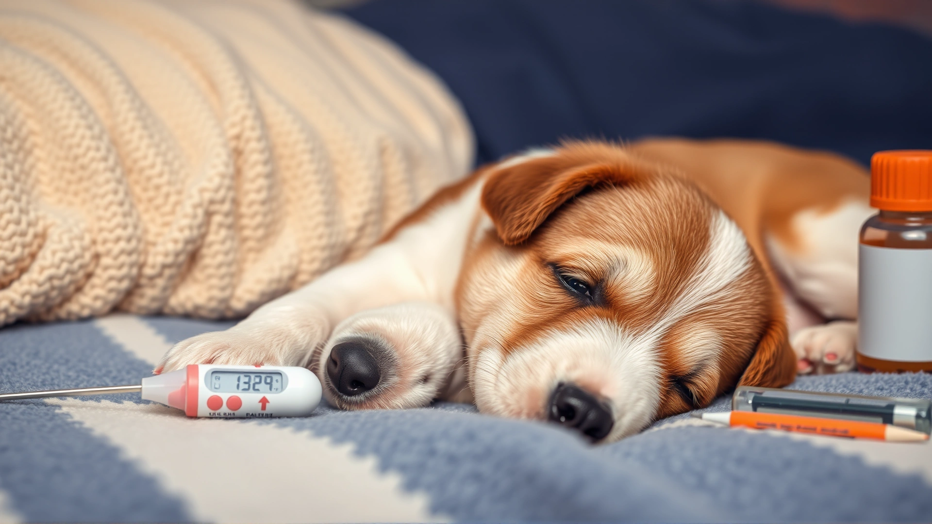 Young puppy lying on a blanket looking tired, with a thermometer and medicine bottle nearby.