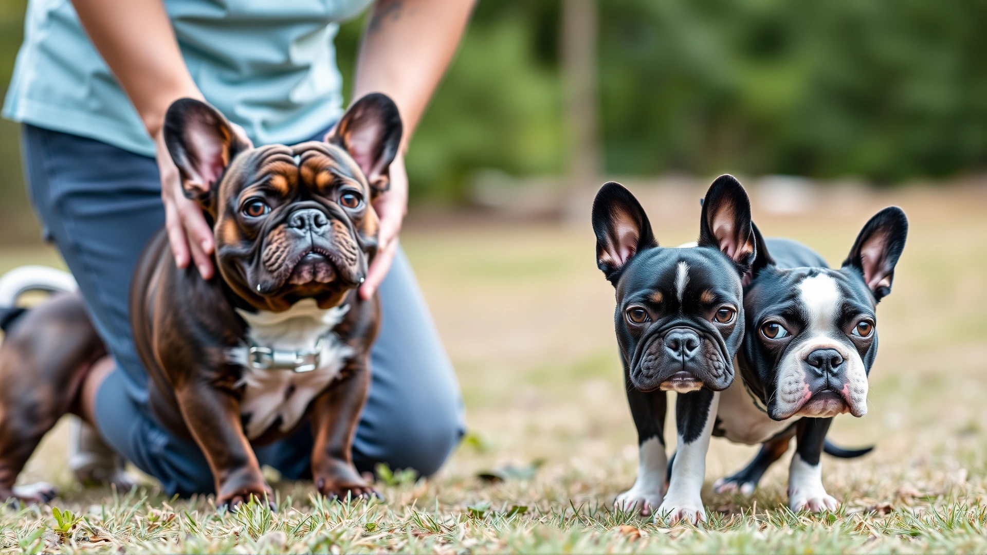 A person kneeling between a French Bulldog and a Boston Terrier to demonstrate the height difference in an outdoor setting.