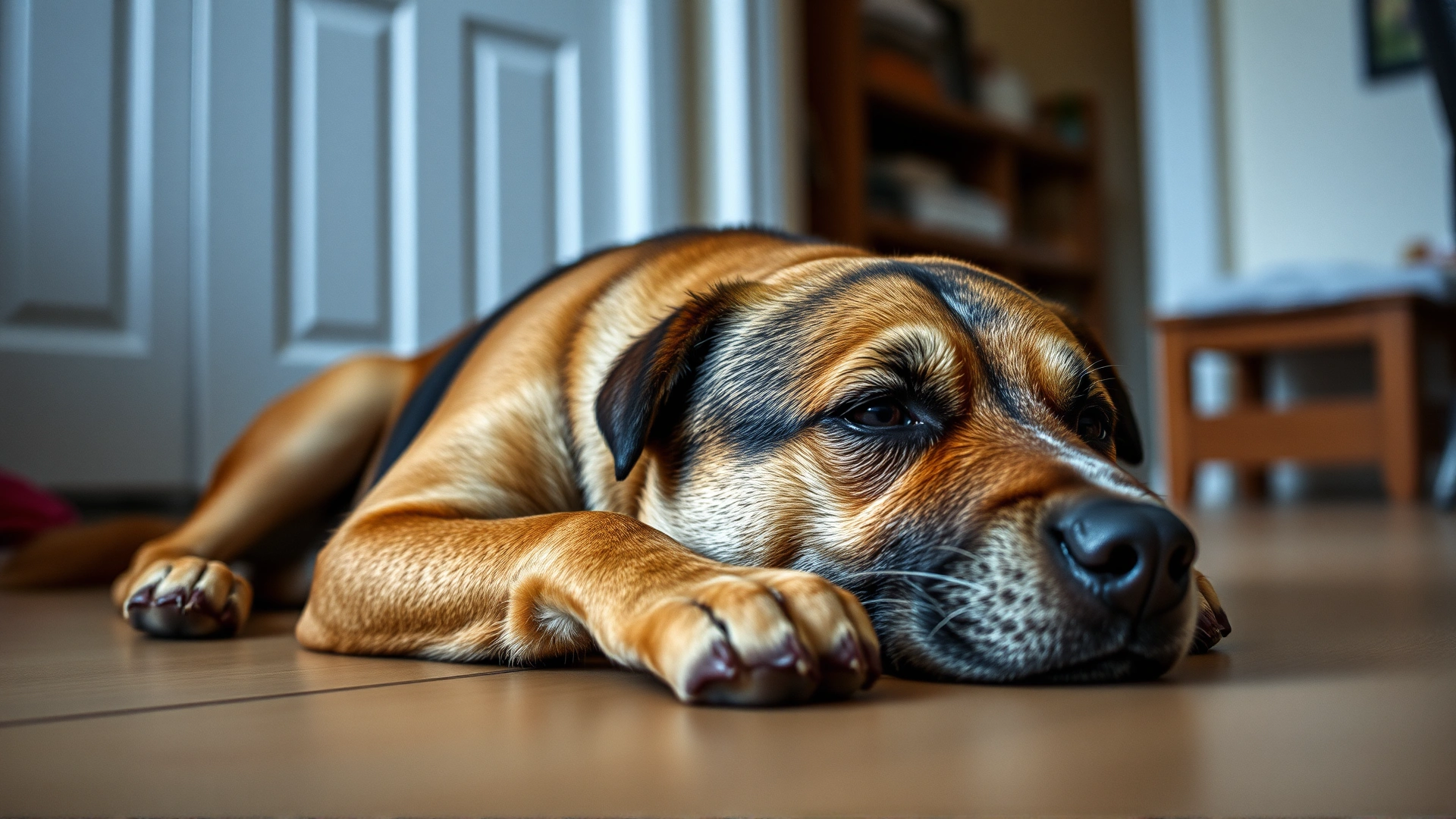 Medium-sized dog lying on the floor looking slightly lethargic, indoor home environment with soft lighting.