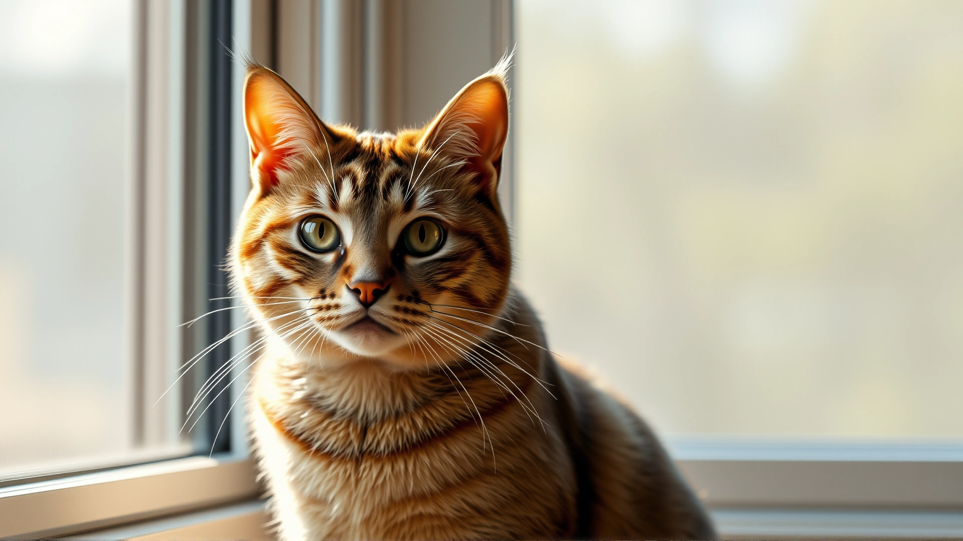 A thoughtful cat sitting near a window with soft light, looking slightly concerned, emphasizing vigilance for side effects.