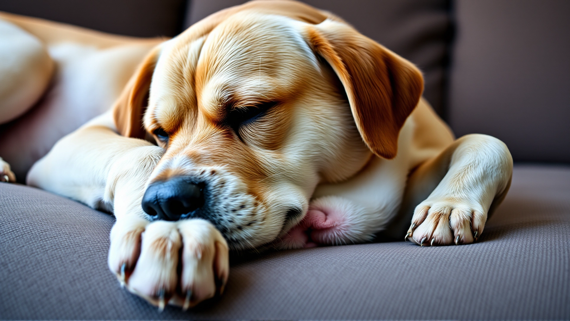 Dog looking slightly uncomfortable with paw on its stomach while lying on a couch, subtle expression to represent mild gastrointestinal upset.
