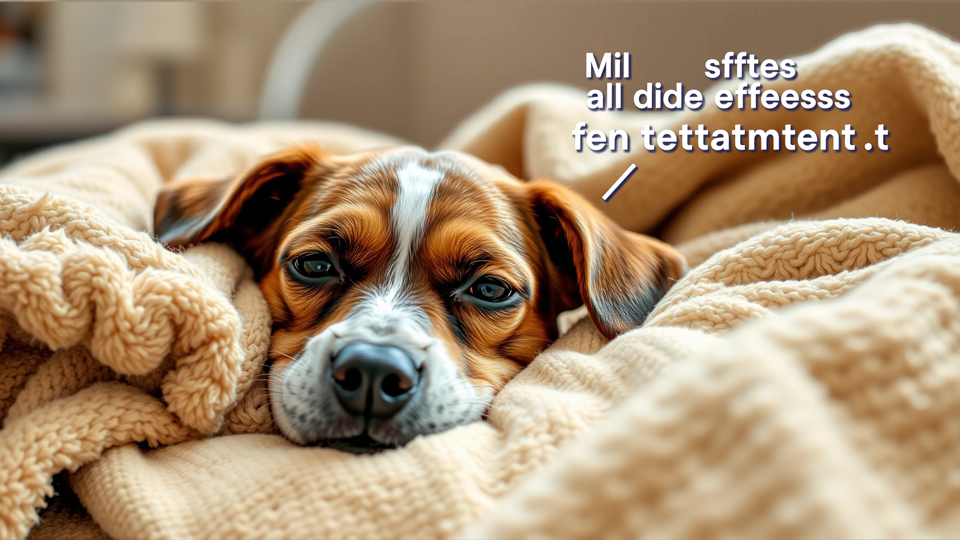 Montage-style photo showing a dog resting on a cozy blanket looking slightly tired, illustrating mild side effects like fatigue after treatment.