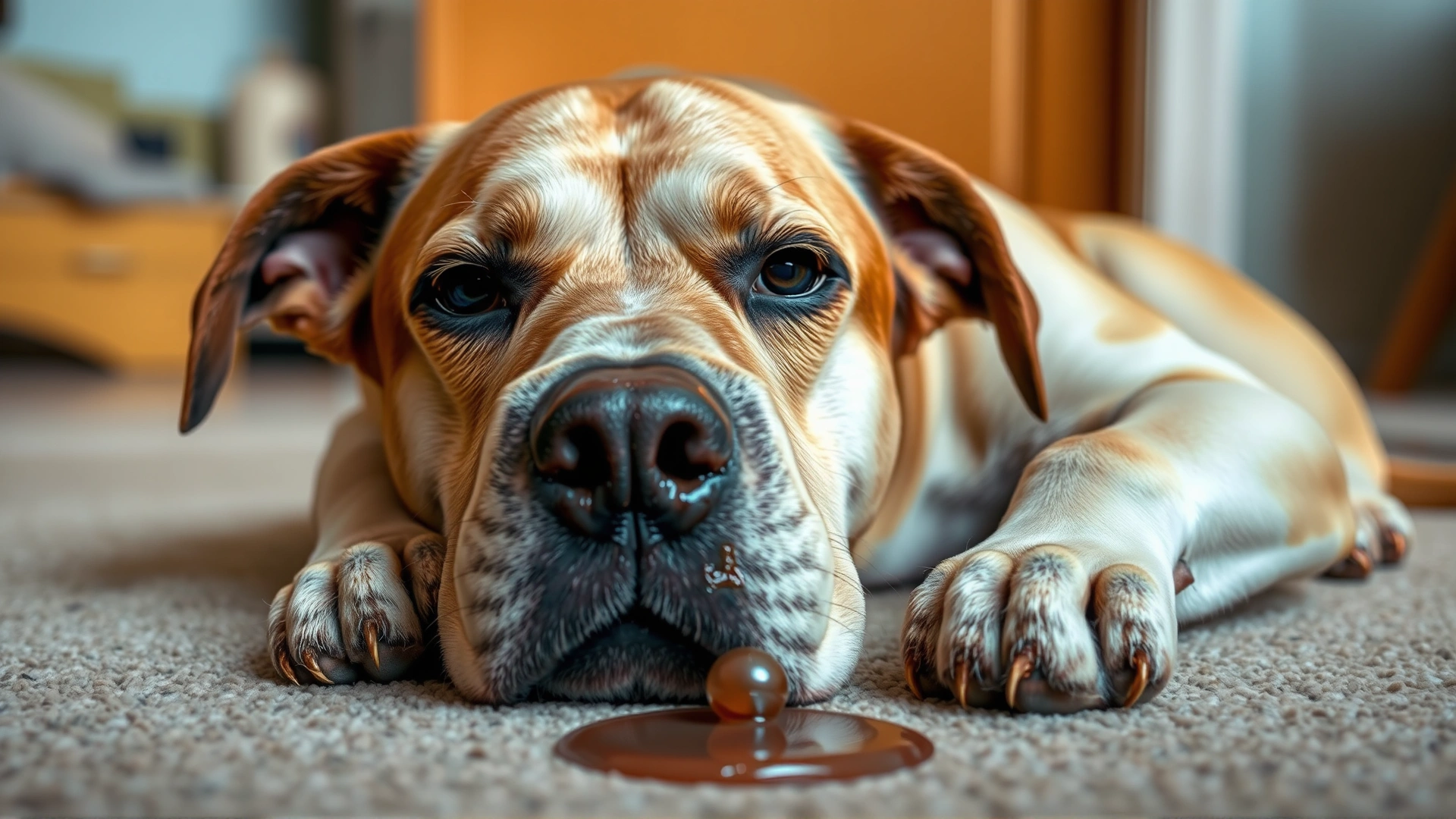 Dog lying on the floor looking slightly nauseous with drool near its mouth, soft indoor lighting