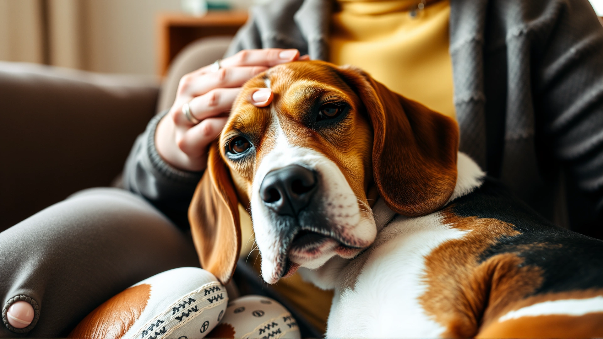 Concerned dog owner gently comforting a beagle that looks slightly lethargic on a couch, cozy home environment.