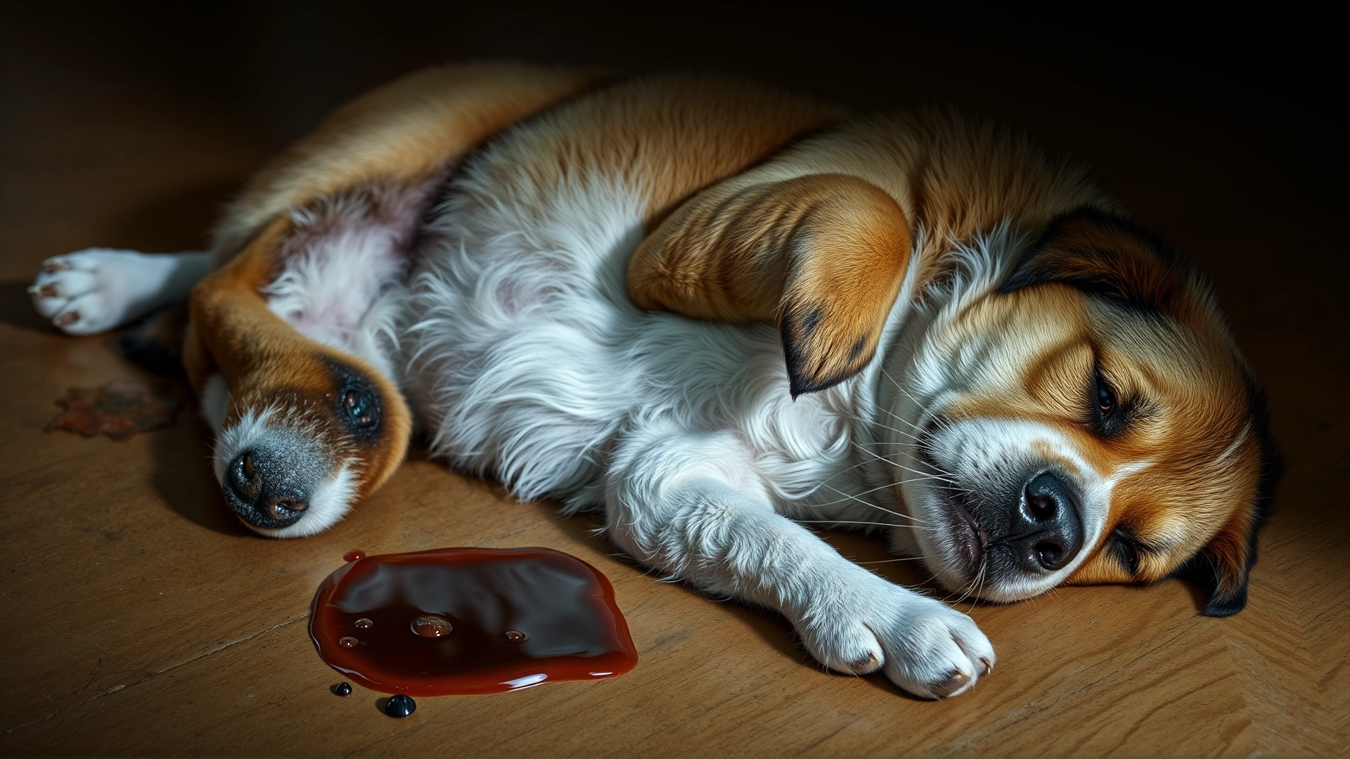 Dog lying on its side looking lethargic next to a small vomit puddle, conveying possible side effects without being graphic.